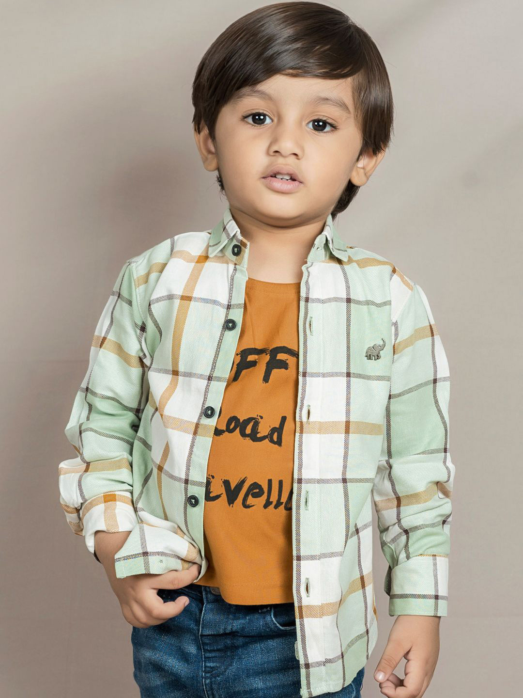 Polka Tots Boys Checked Pure Cotton Regular Fit Shirt With Attached Tee