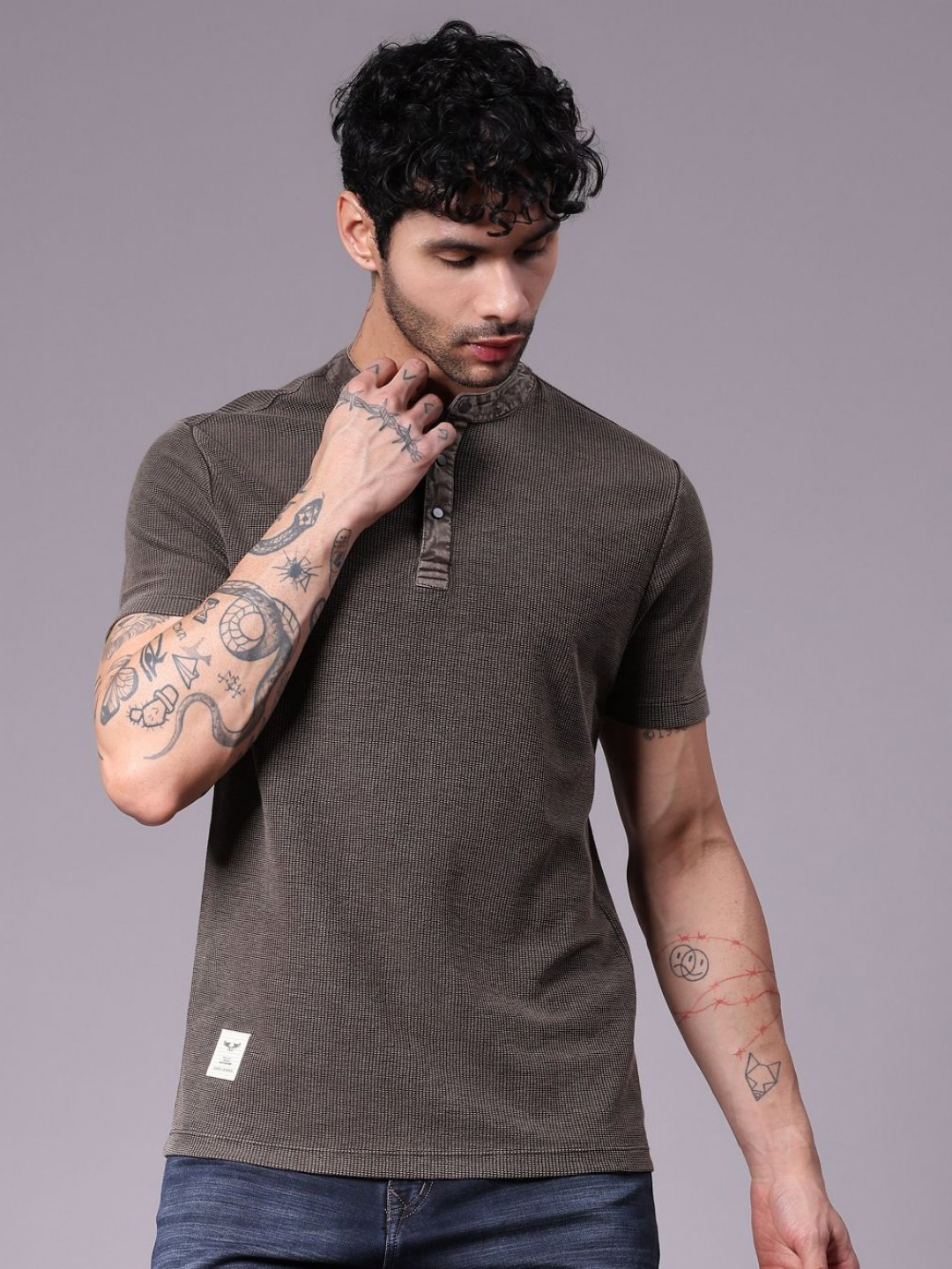 V-Mart Striped Henely Neck Regular Fit T-shirt