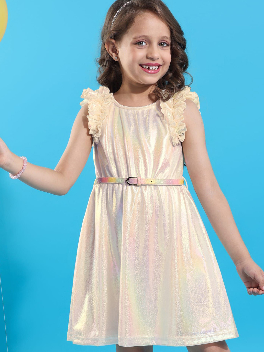 Hola Bonita Girls Sleeveless Shiny A-Line Dress With Belt