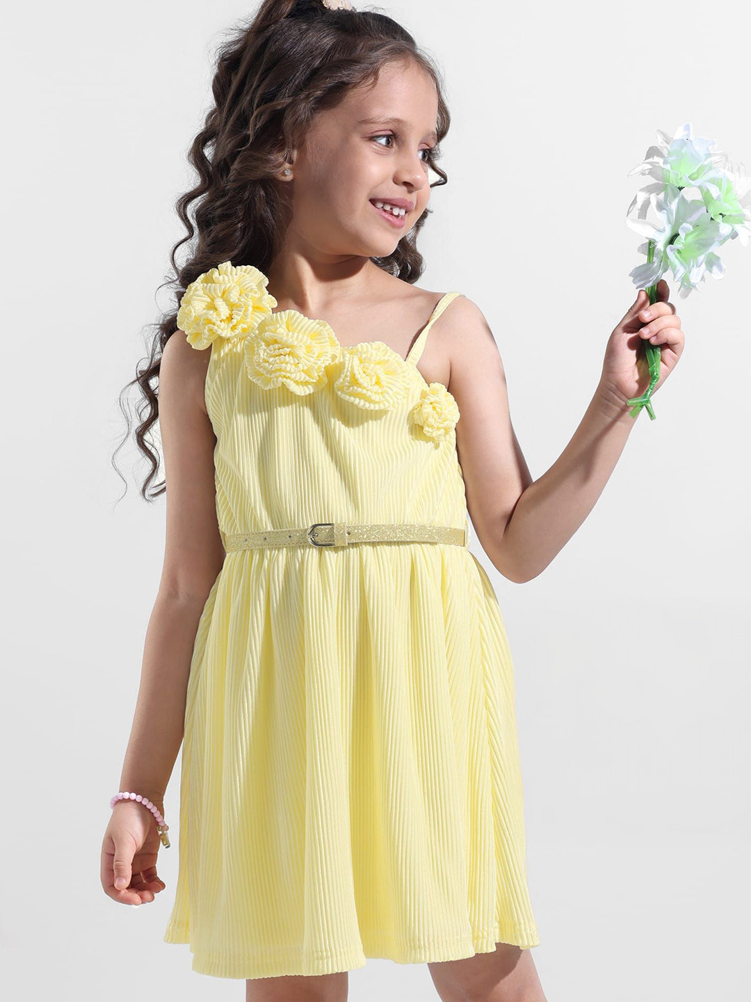 Hola Bonita Girls One Shoulder Applique Fit & Flare Dress
