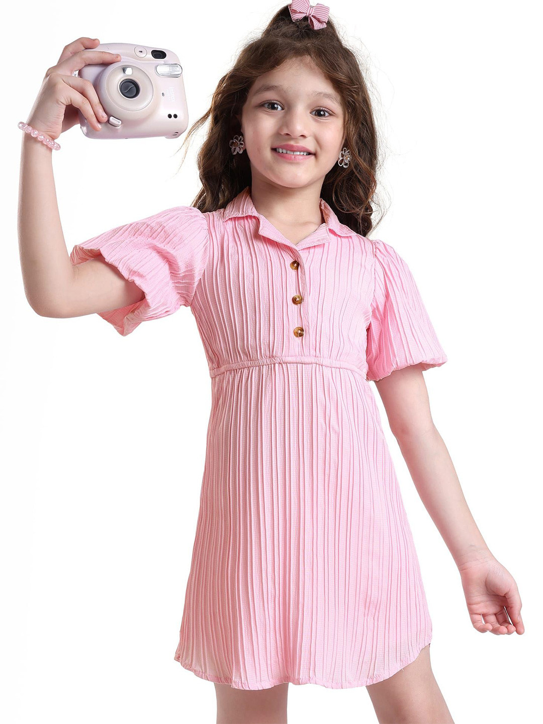 Hola Bonita Girls Self Design Puff Sleeves Lapel Notch Shirt Dress
