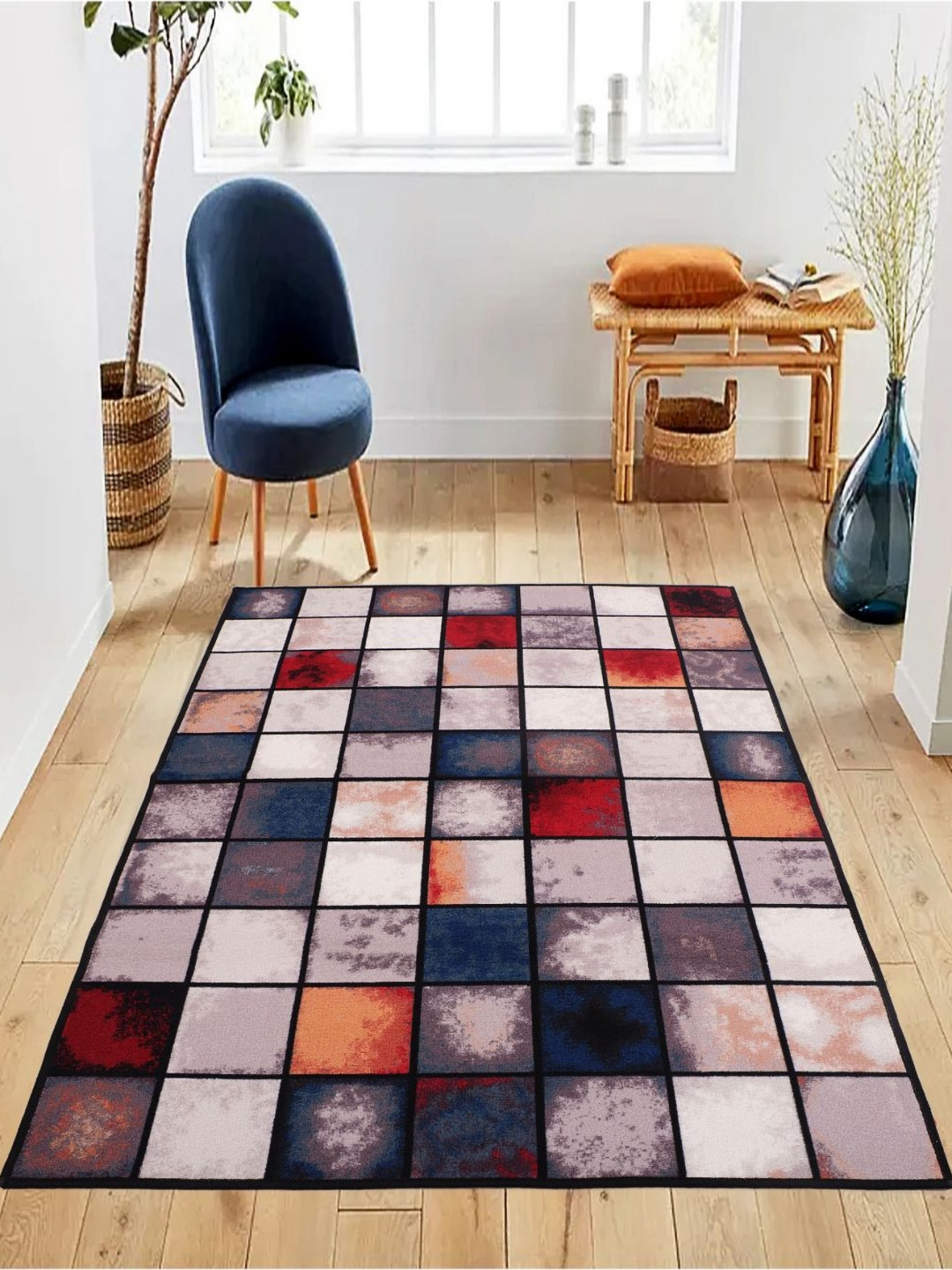 MODEFE Navy Blue & Off White Geometric Anti-Skid Light Carpet