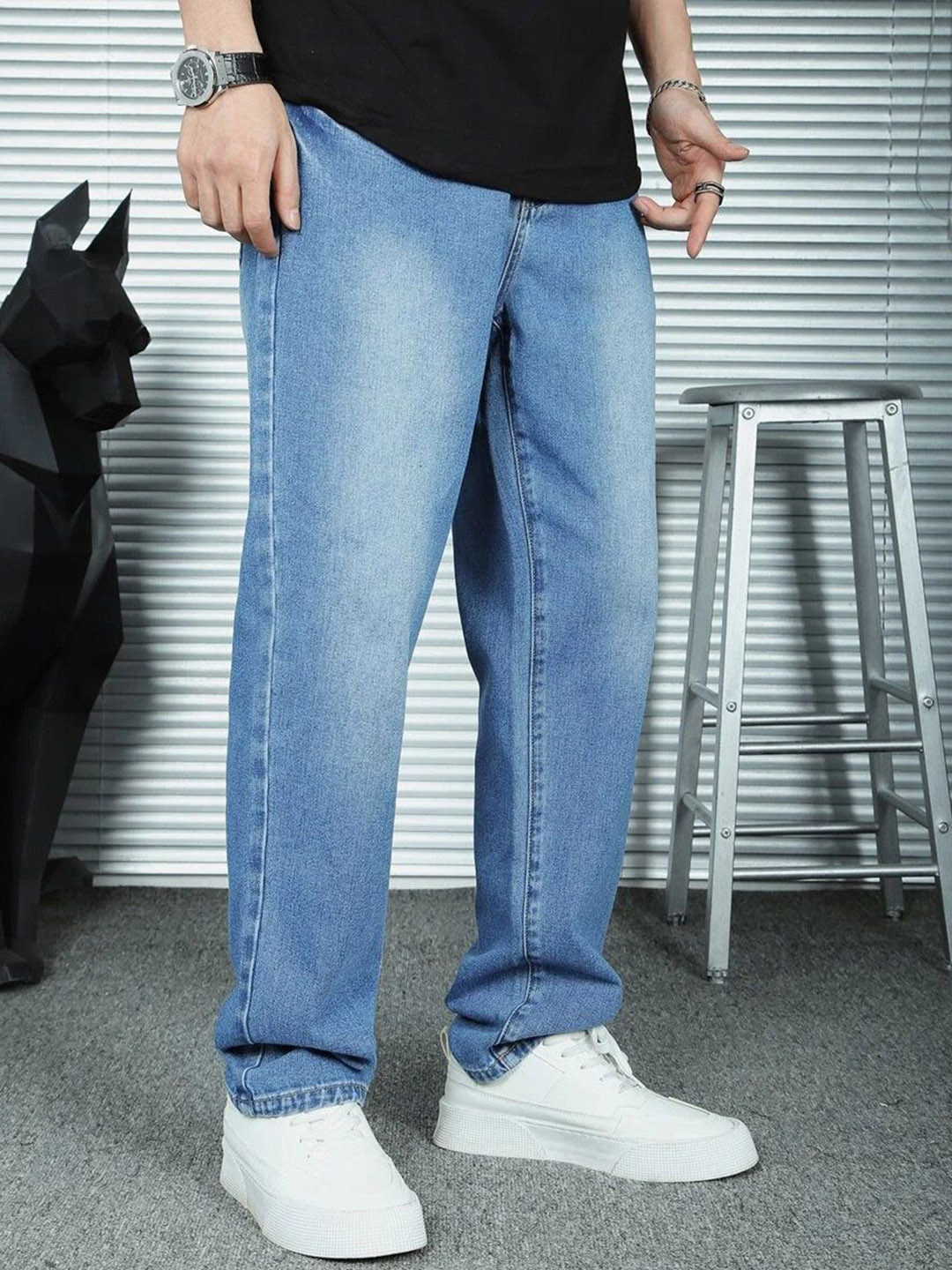 DENIMLOOK Men Baggy Fit Mid-Rise Clean Look Light Fade Denim Stretchable Jeans
