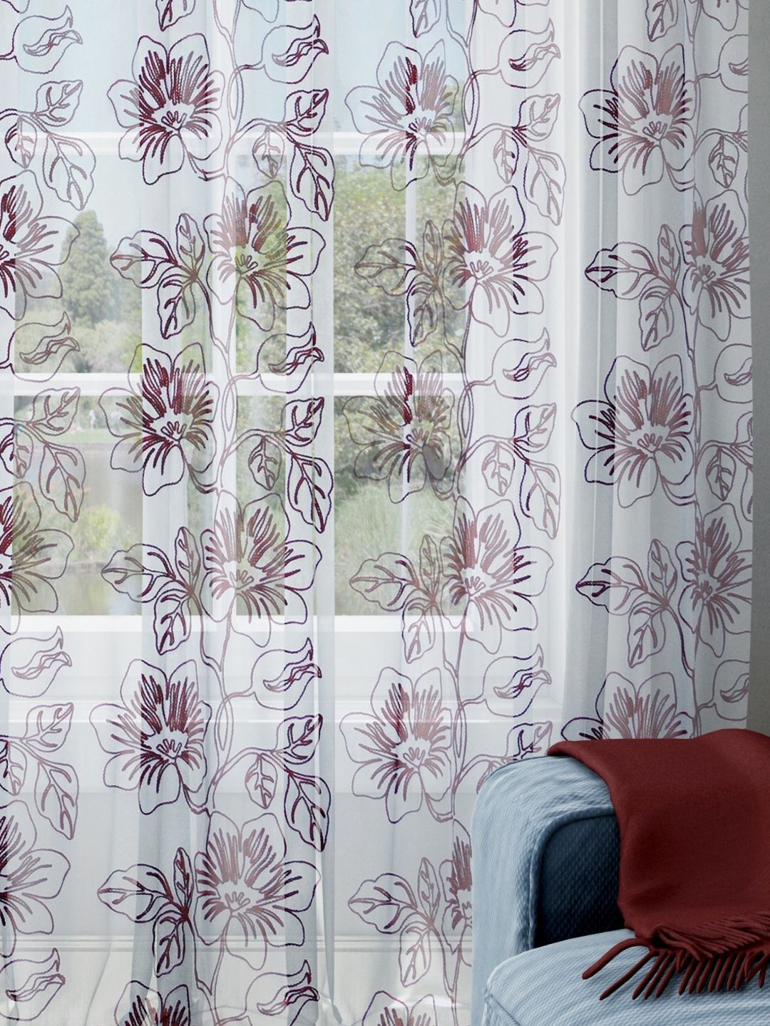 Parda Online Unisex Set of 2 Floral Tissue Curtain & Sheer