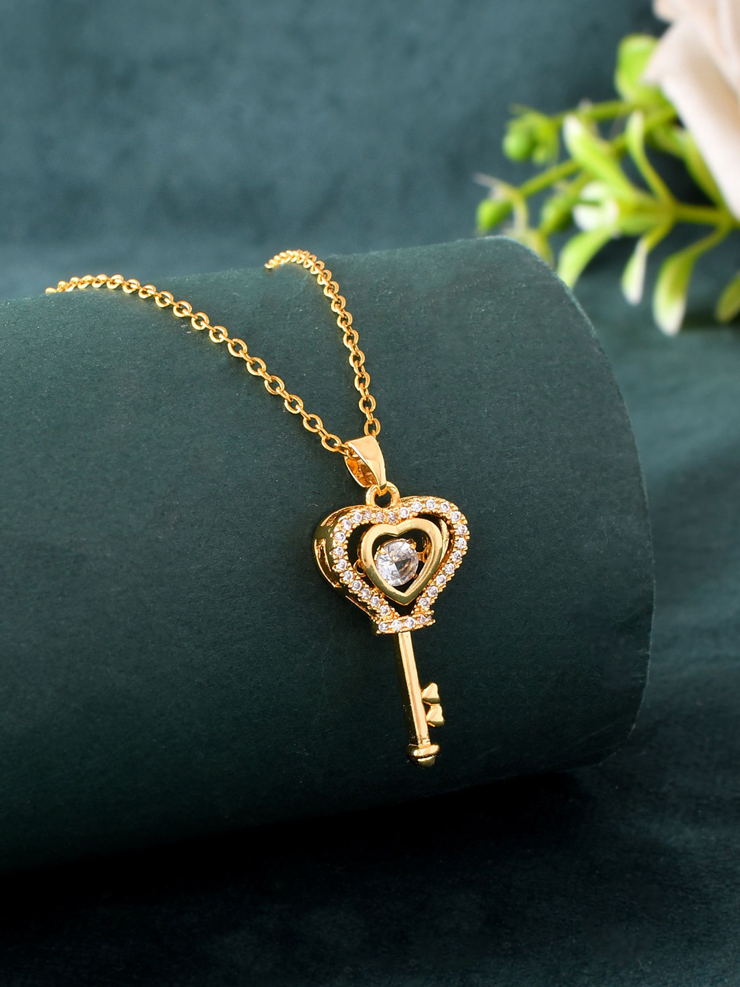 PASU FASHION Unisex Stainless Steel Gold-Plated Stones Studded Key Design Pendant & Chain