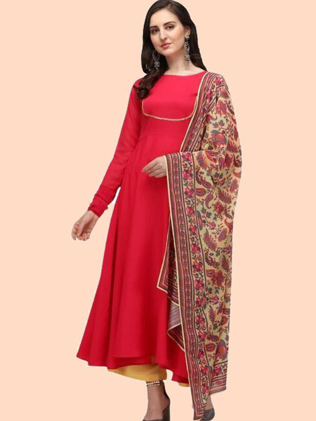 THE FAB FACTORY Women Boat Neck Gotta Patti Anarkali Crepe Kurta With Dupatta