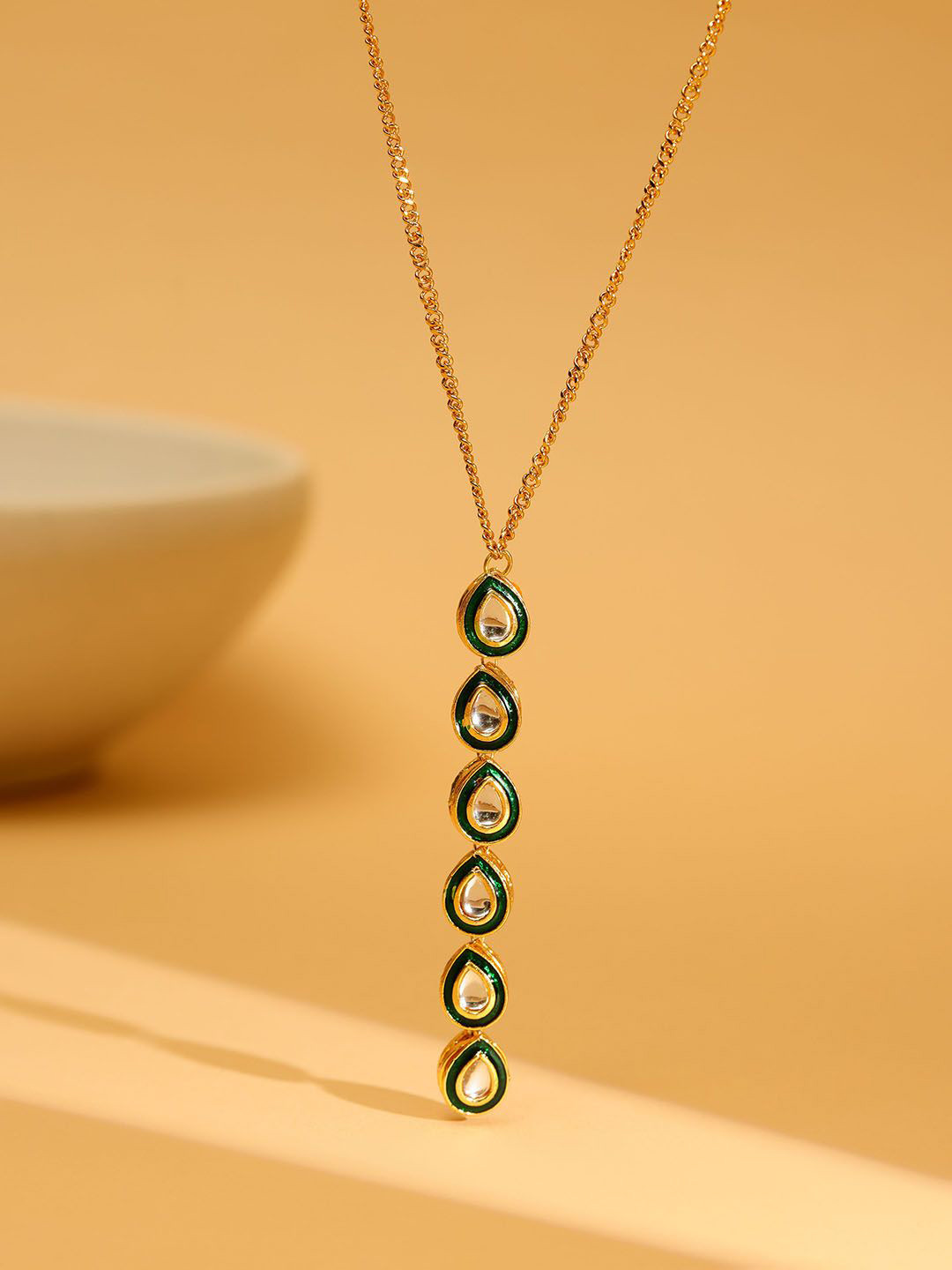 Ruby Raang Stainless Steel Gold Plated Kundan Studded Pendant With Chain