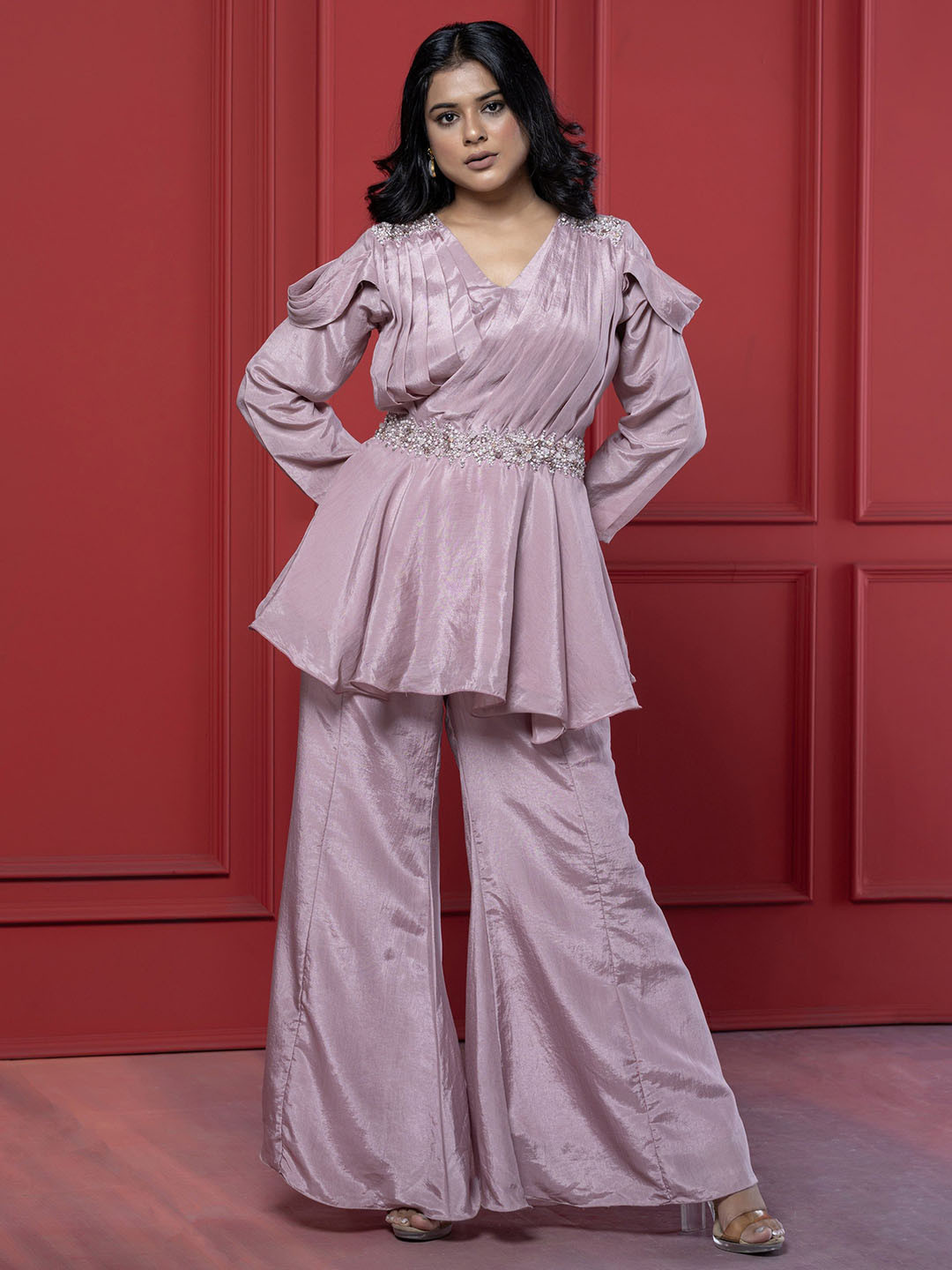GloballyRonakRBafna Embellished V Neck Peplum Top With Palazzo Co-Ords