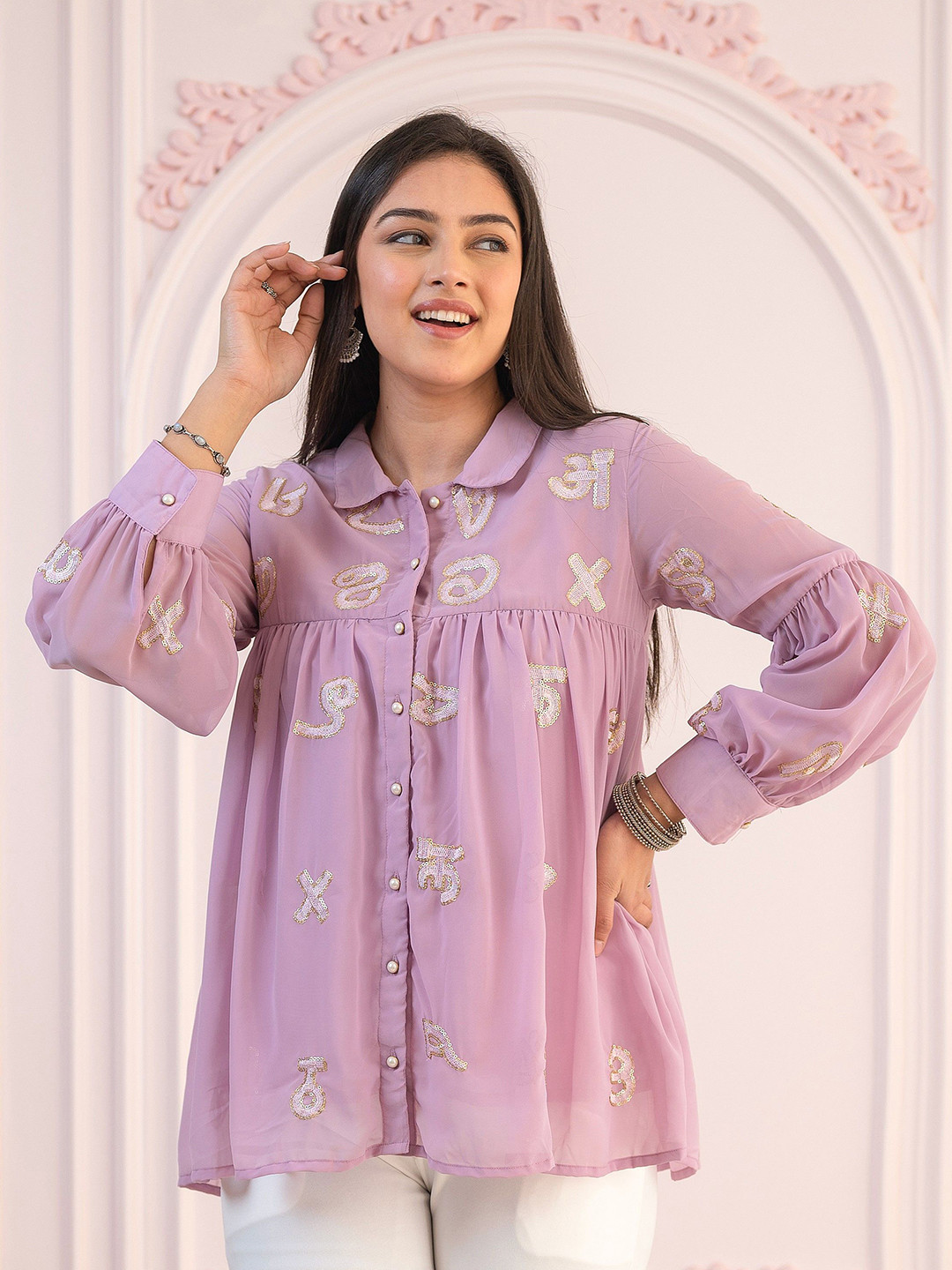 Juniper Women Mandarin Collar Embroidered Embellished Cotton Tunic