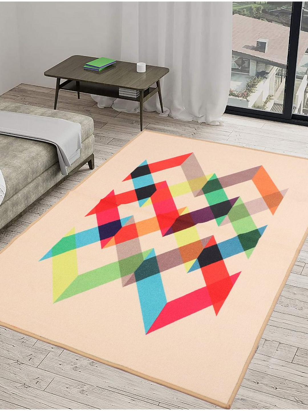 MODEFE Yellow Geometric Anti-Skid Carpet 6 Feet x 4 Feet