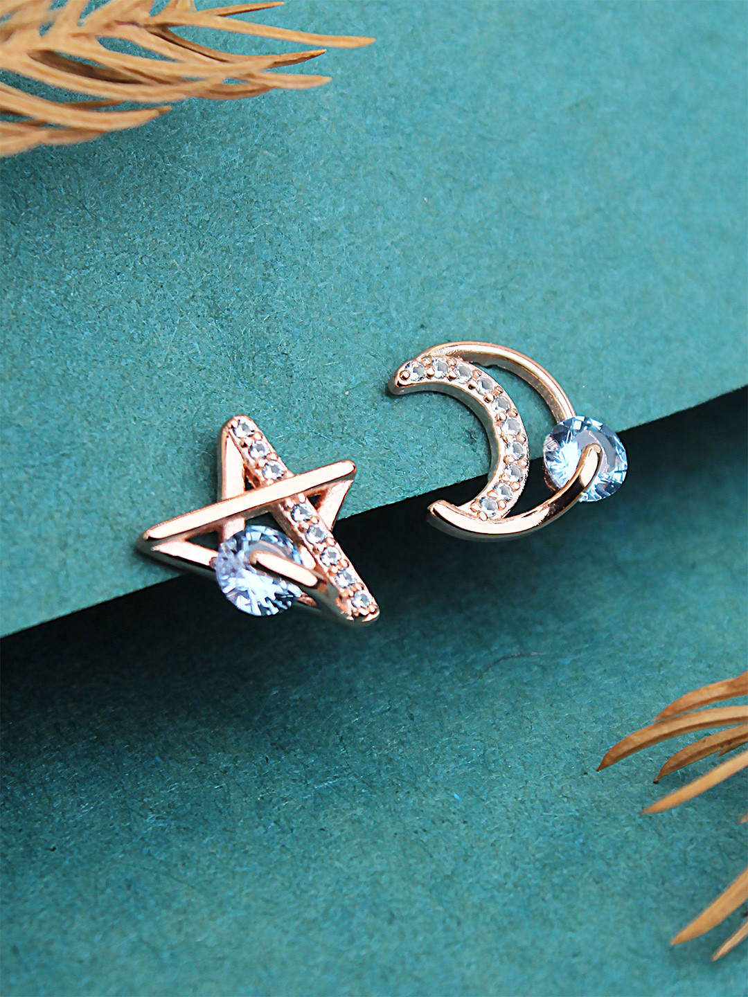 DEVASHREE 925 Sterling Silver Rose Gold-Plated Star Moon Shaped Studs Earrings