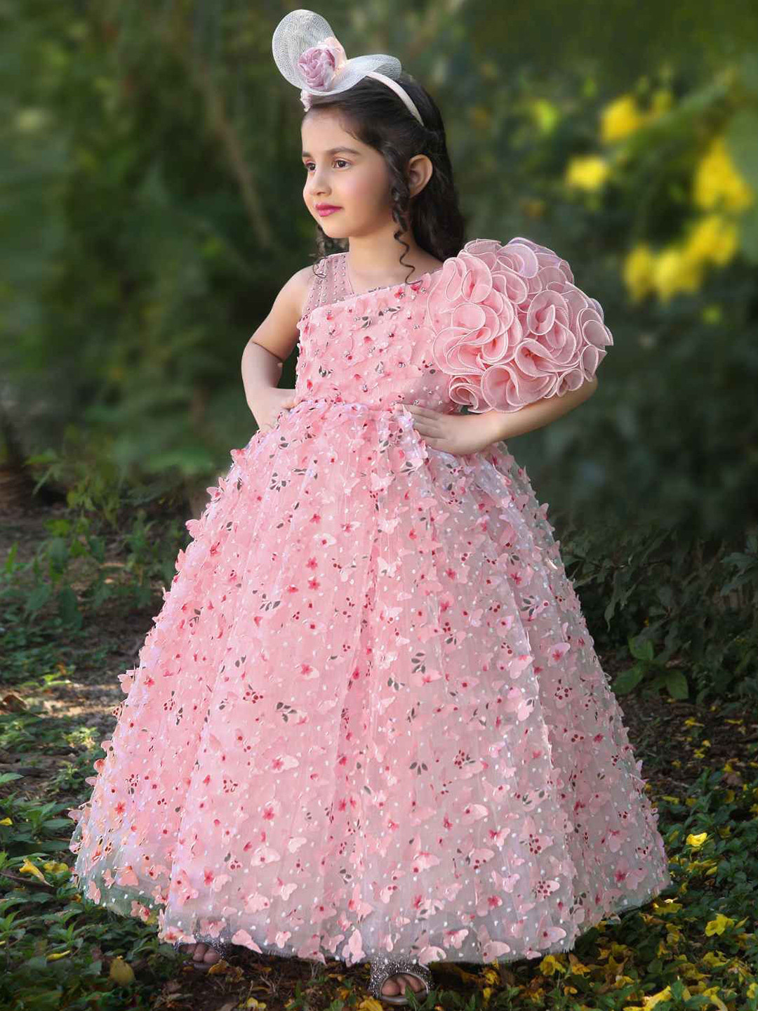 Lagorii Girls Pink Party Wear Corsage Gown Dress With Floral Embellishment
