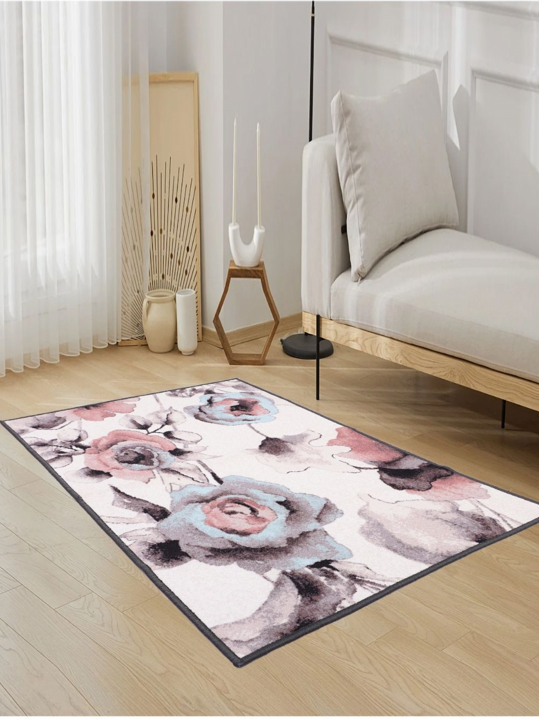 MODEFE Off White & Black Floral Anti-Skid Light Carpet