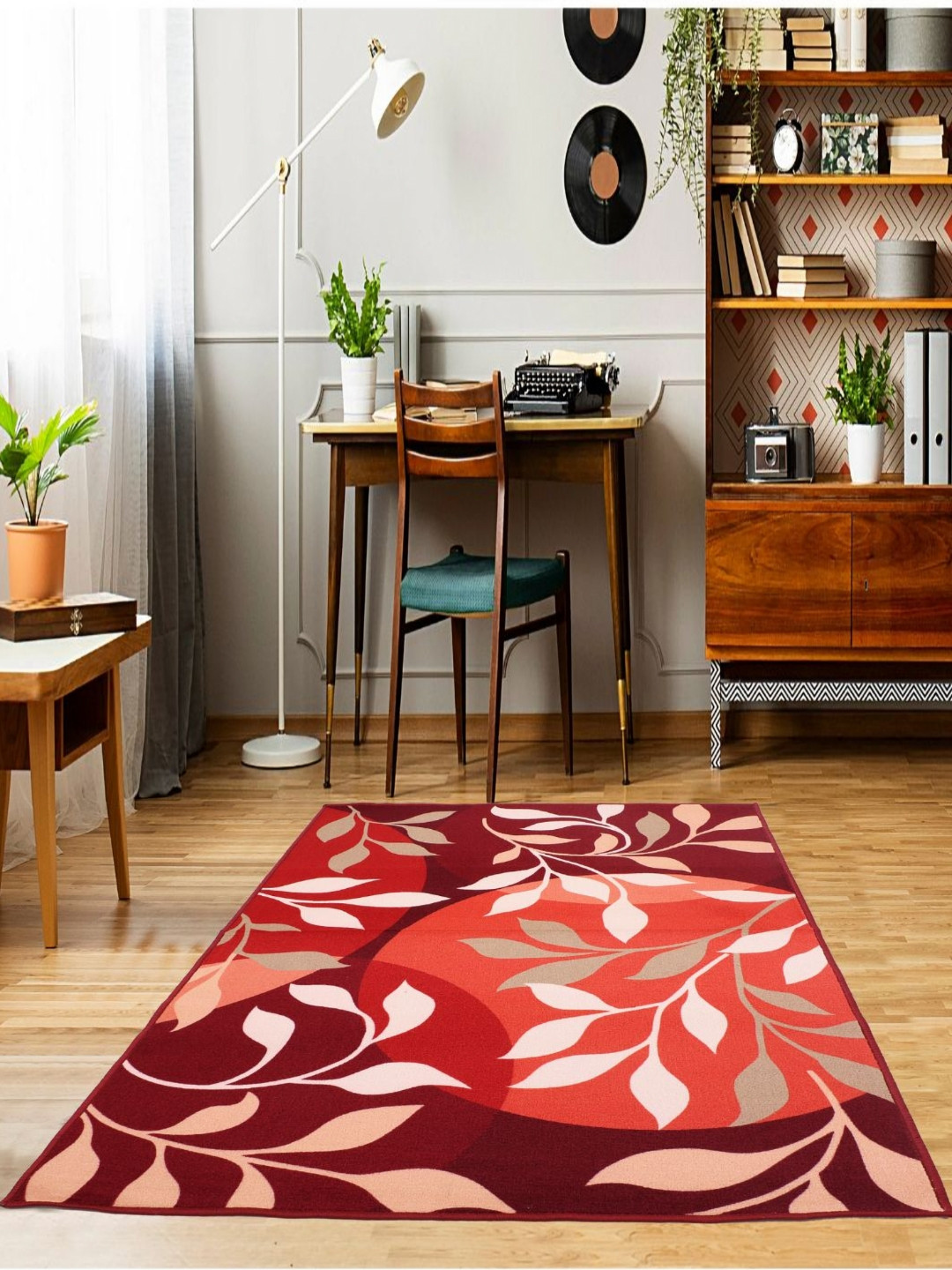 MODEFE Maroon & Orange Floral Light Anti-Skid Carpet