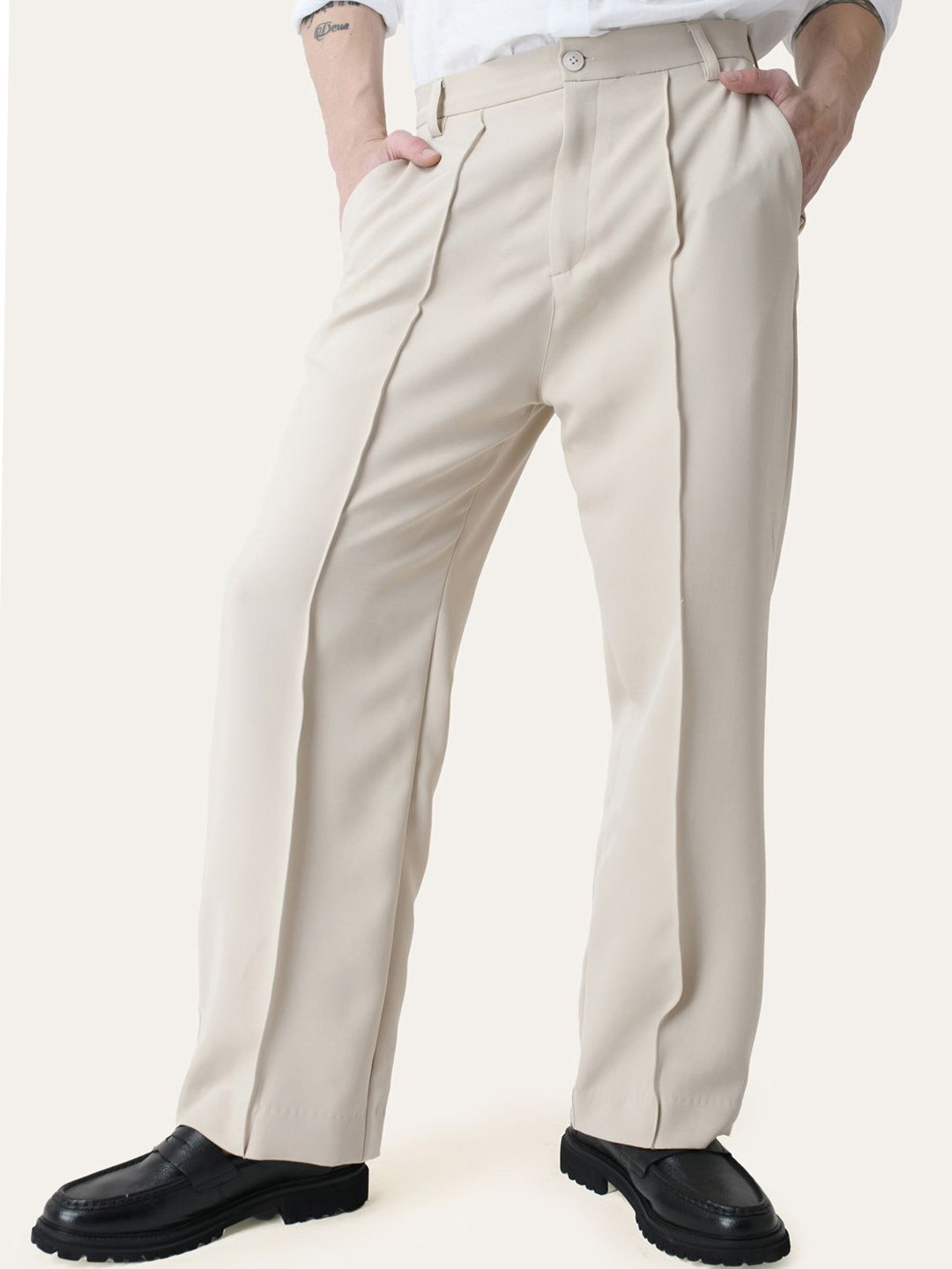 PERCH Men Relaxed Cream Solid Pintuck Korean Loose Fit Trousers