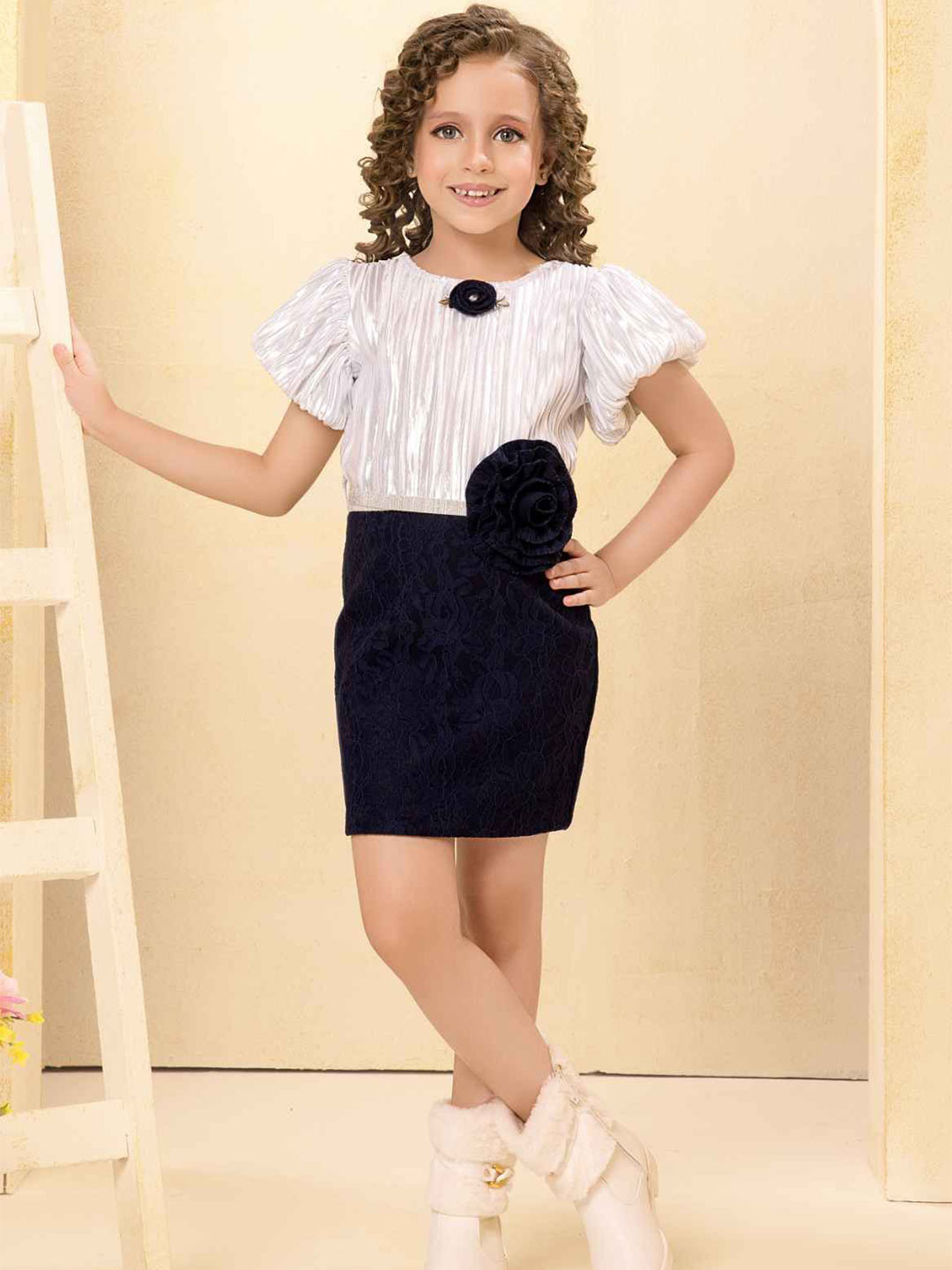 Lagorii Girl's Navy Blue Floral Embellished Party Wear Dress