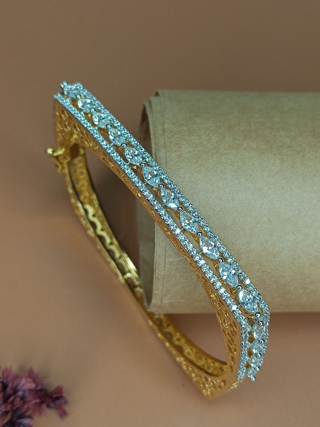 IKSAVA Set Of 2 Gold-Plated Marquise Cut American Diamond Studded Bangle-Style Bracelet