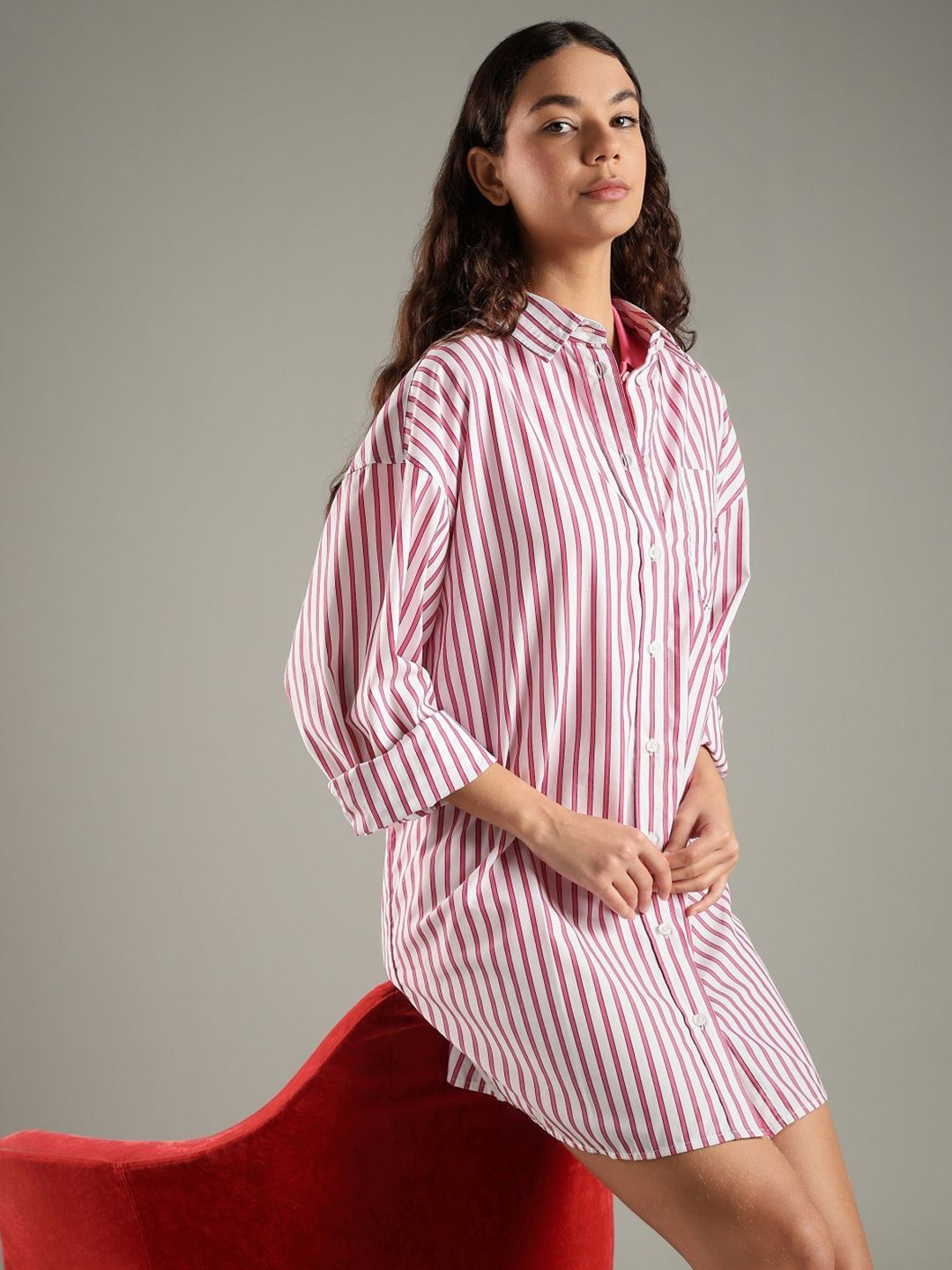 Tommy Hilfiger Europe Women Striped Cotton Spread Collar Mini Shirt Dress