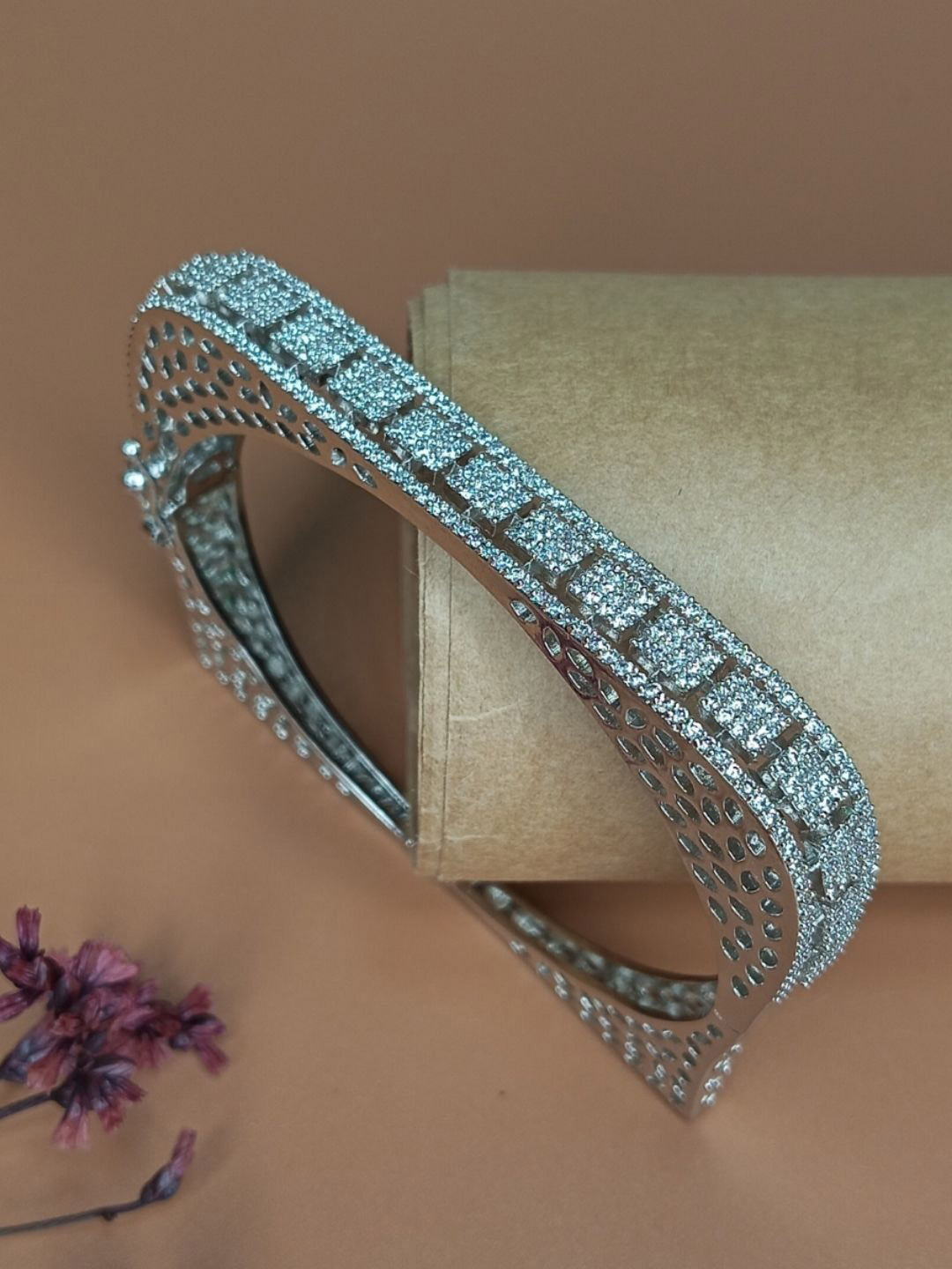 IKSAVA Silver-Plated Square Cut American Diamond Studded Bangle-Style Bracelet