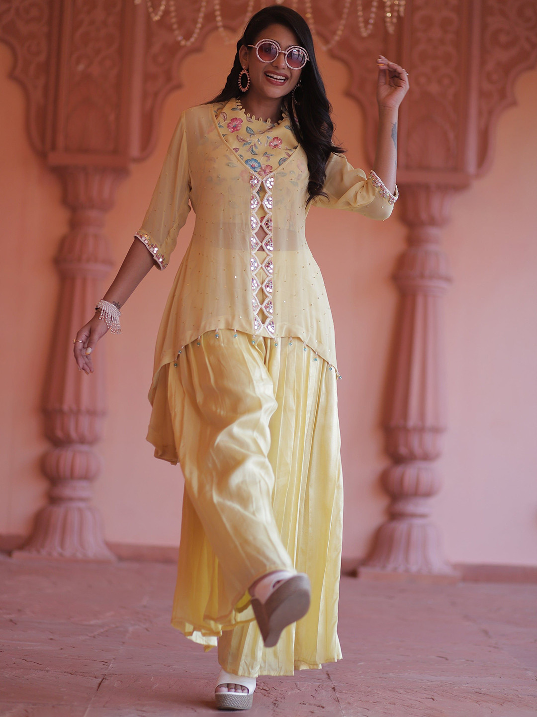 GloballyRonakRBafna Embroidered Cape Style Round Neck Top Jacket With Palazzos Co-Ords Set