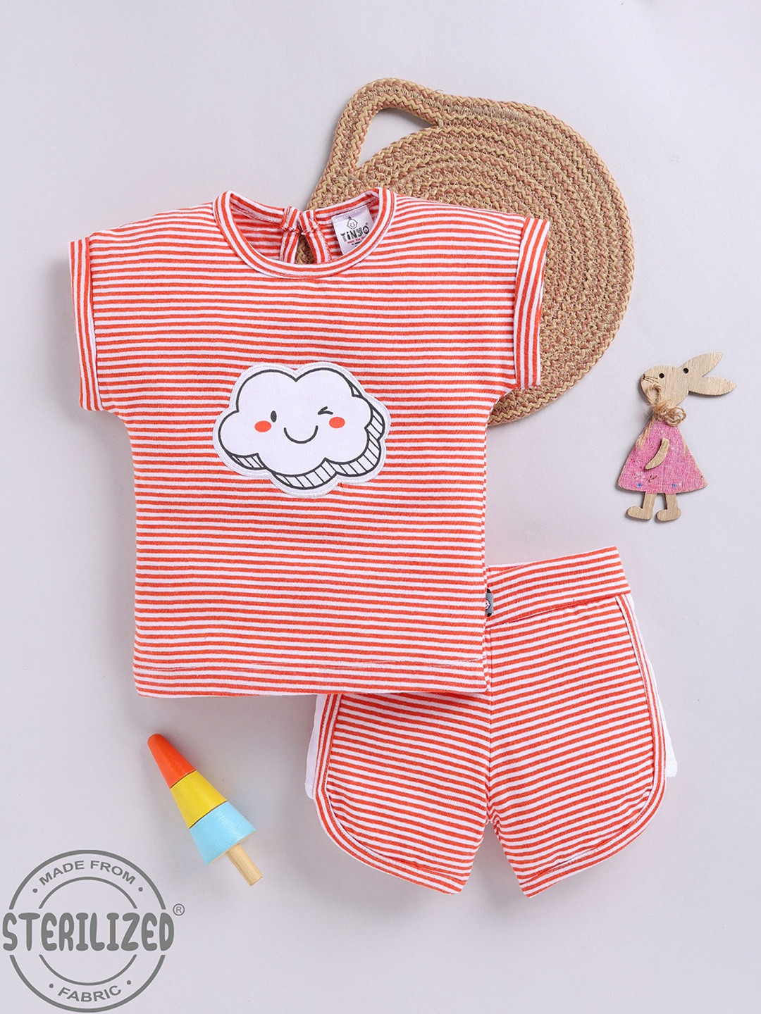 YK X Tinyo Infant Girls Pure Cotton Striped Cloud Applique Detail Top & Shorts