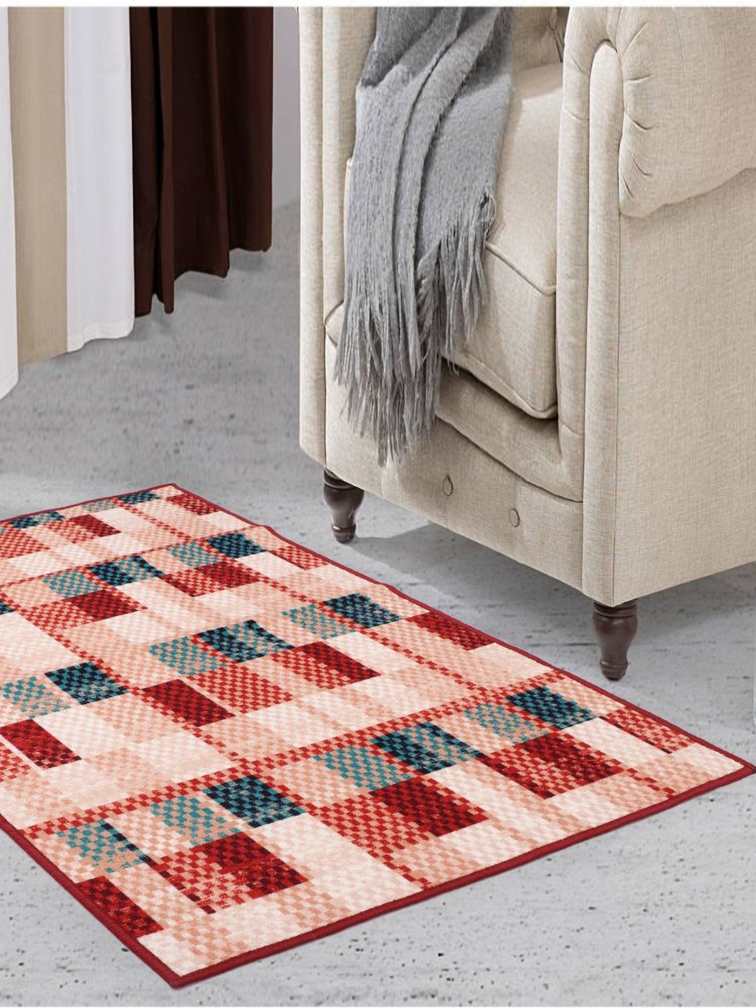 MODEFE Beige & Red Geometric Anti-Skid Light Carpet