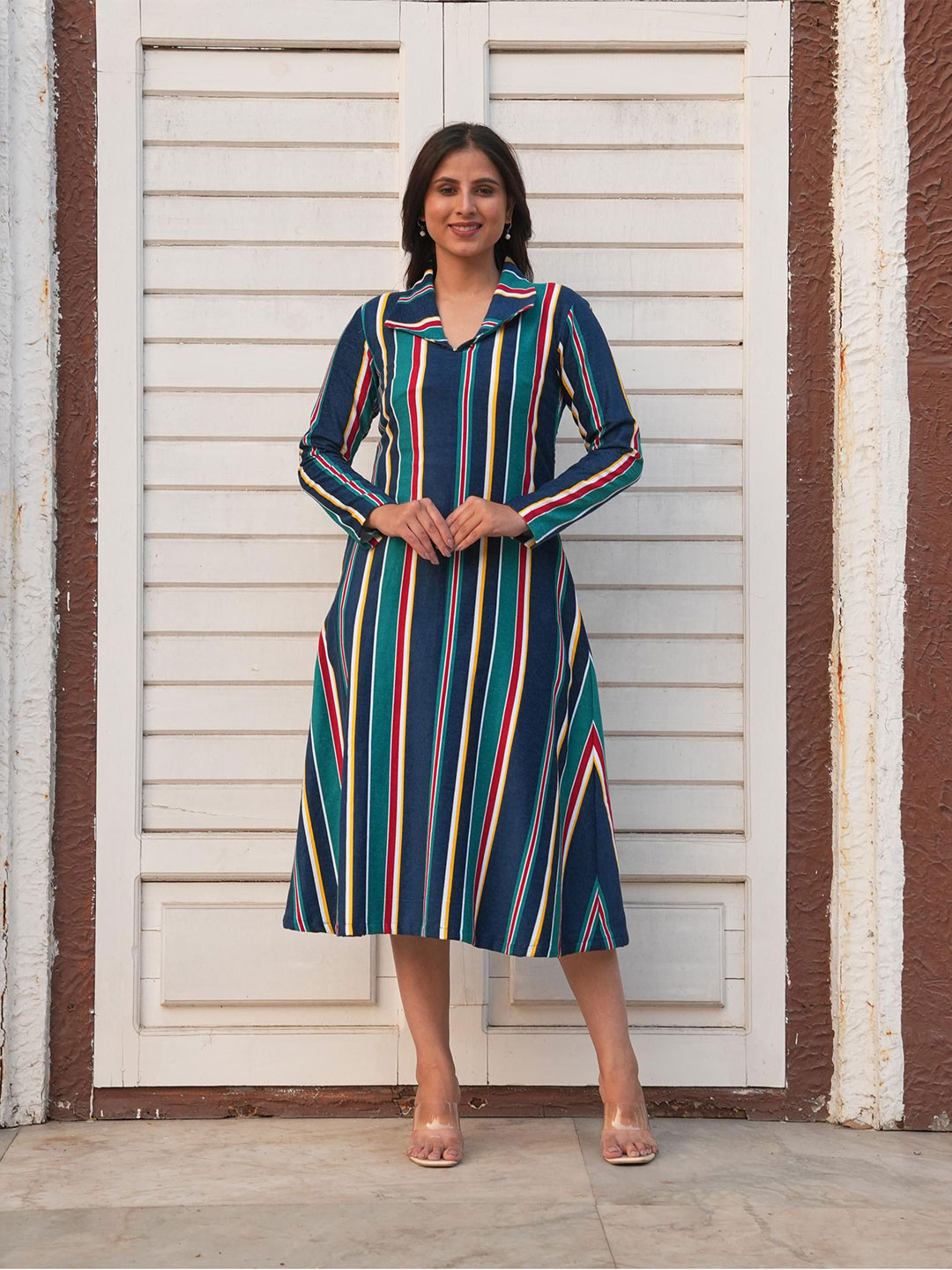 Golden Mirror Shirt Collar Striped Cotton A-Line Midi Dress