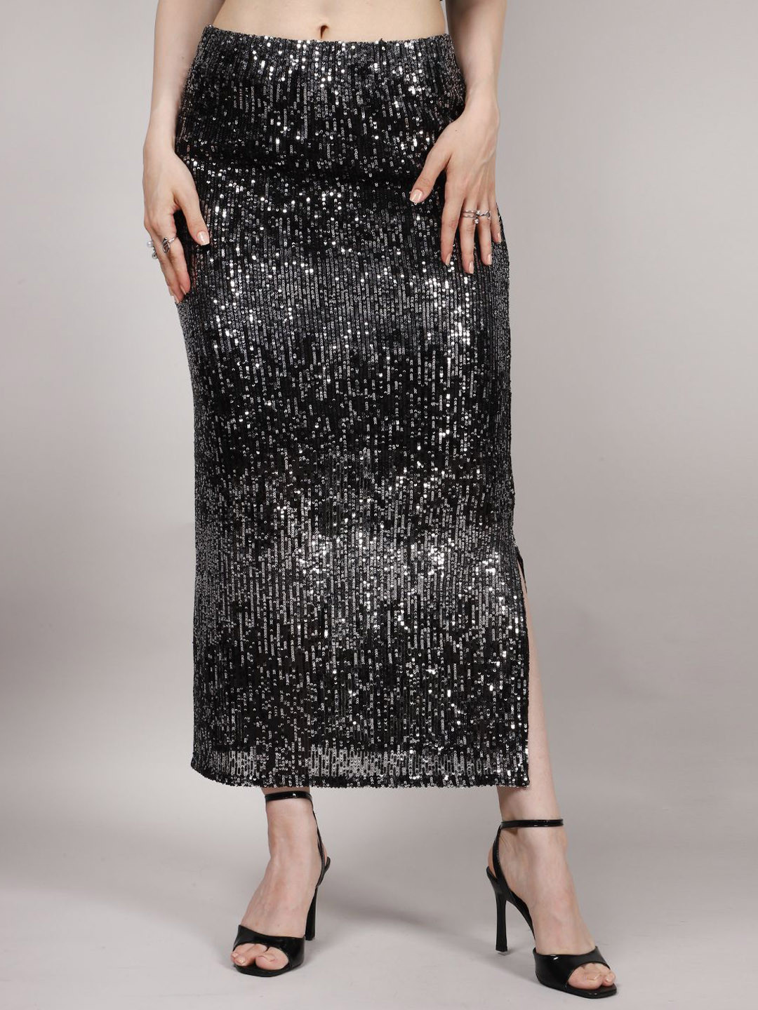 SWISHIN Sequinned Embellished Side Slit Pencil Maxi Skirt