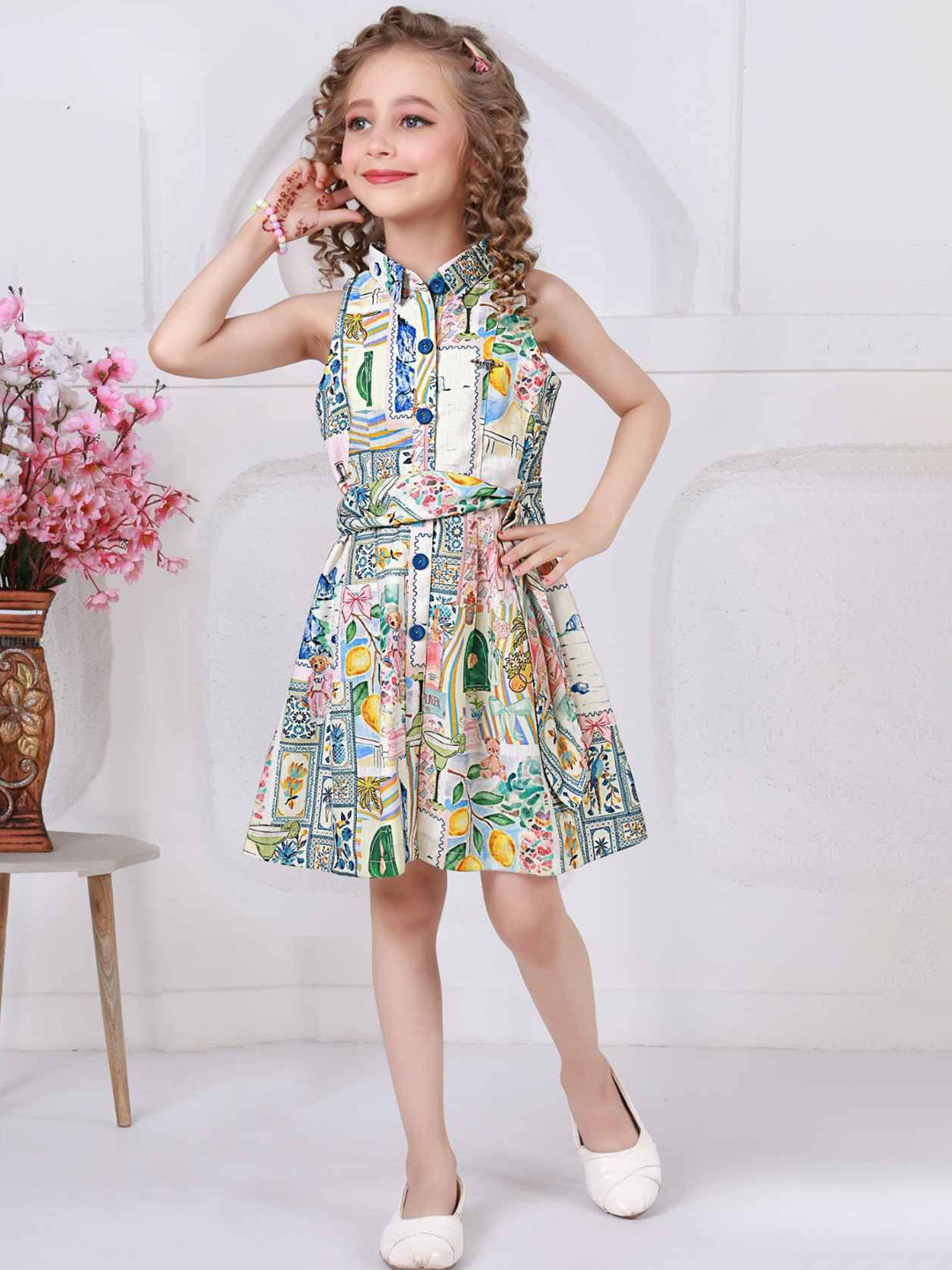 Lagorii Girls Trendy Printed Cotton Shirt Dress With Belt