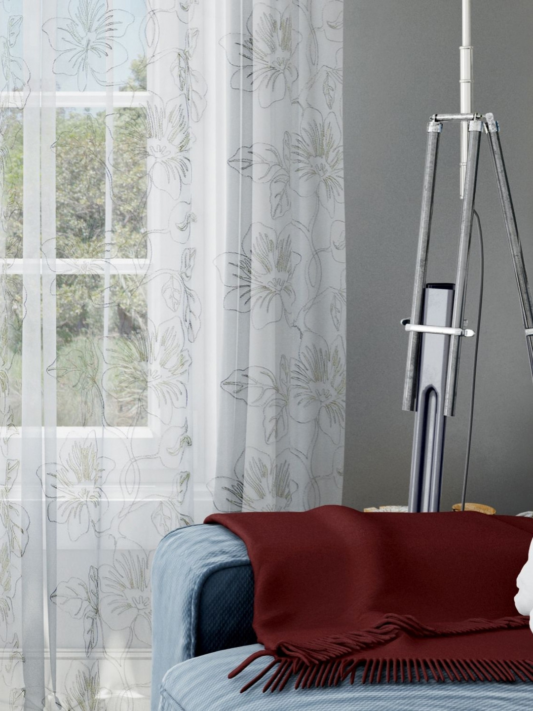 Parda Online Unisex Set of 2 White & Beige Floral Curtain & Sheer