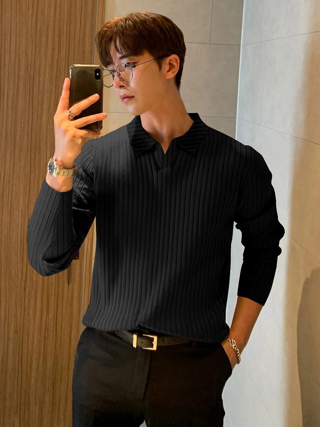 KAJARU Striped Ribbed Polo Collar Long Sleeves T-Shirt