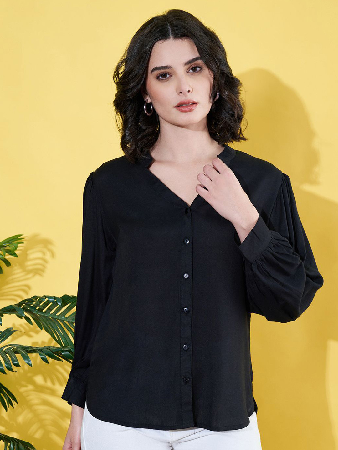 ANVI Be Yourself Band Collar Long Sleeve Casual Shirt