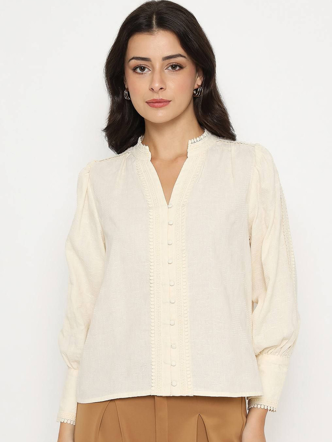 Madame Women Self Design Mandarin Collar Cotton Shirt Style Top