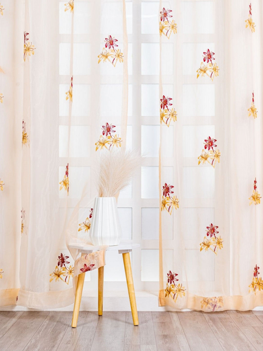 Parda Online Gold-Toned & Red Floral Sheer Long Door Curtain