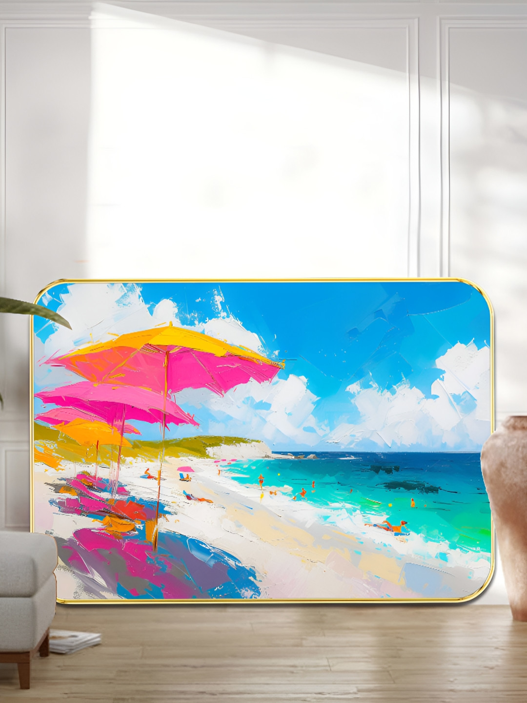 Livin'luxe Blue & Pink Colorful Beach Umbrella Wooden Painting Wall Art