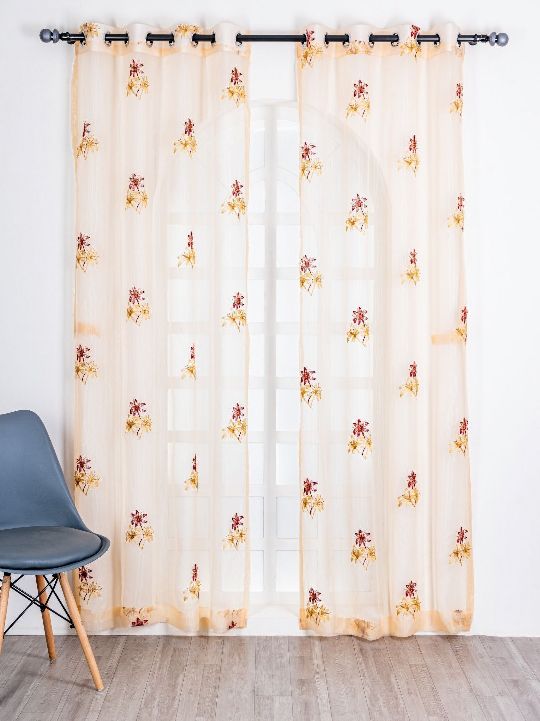 Parda Online Gold-Toned & Red 2 Pieces Floral Embroidered Sheer Door Curtains