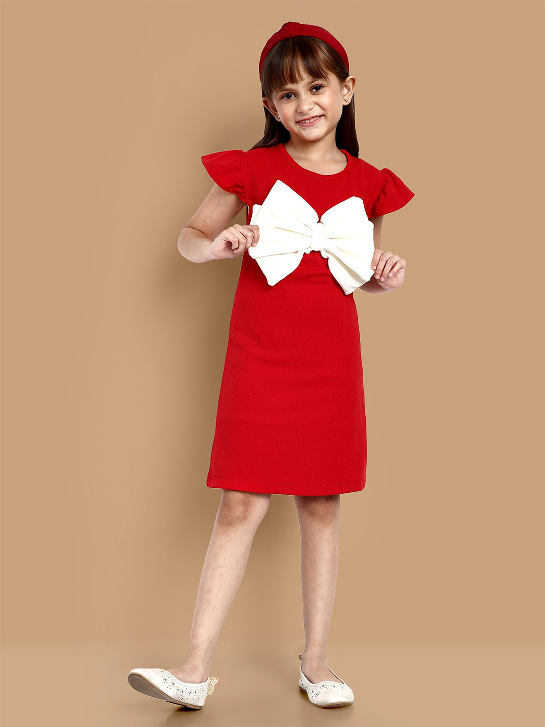 Lazy Shark Girls Round Neck Flutter Sleeves Bow Detail Shift Dress