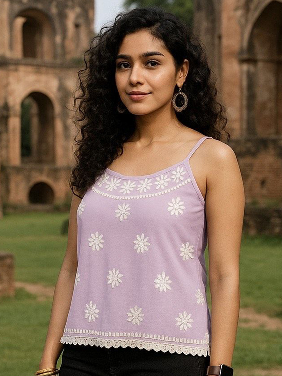 ADR CHIKAN Women Ethnic Motifs Embroidered Noodle Strap Lace Inserts Modal Top