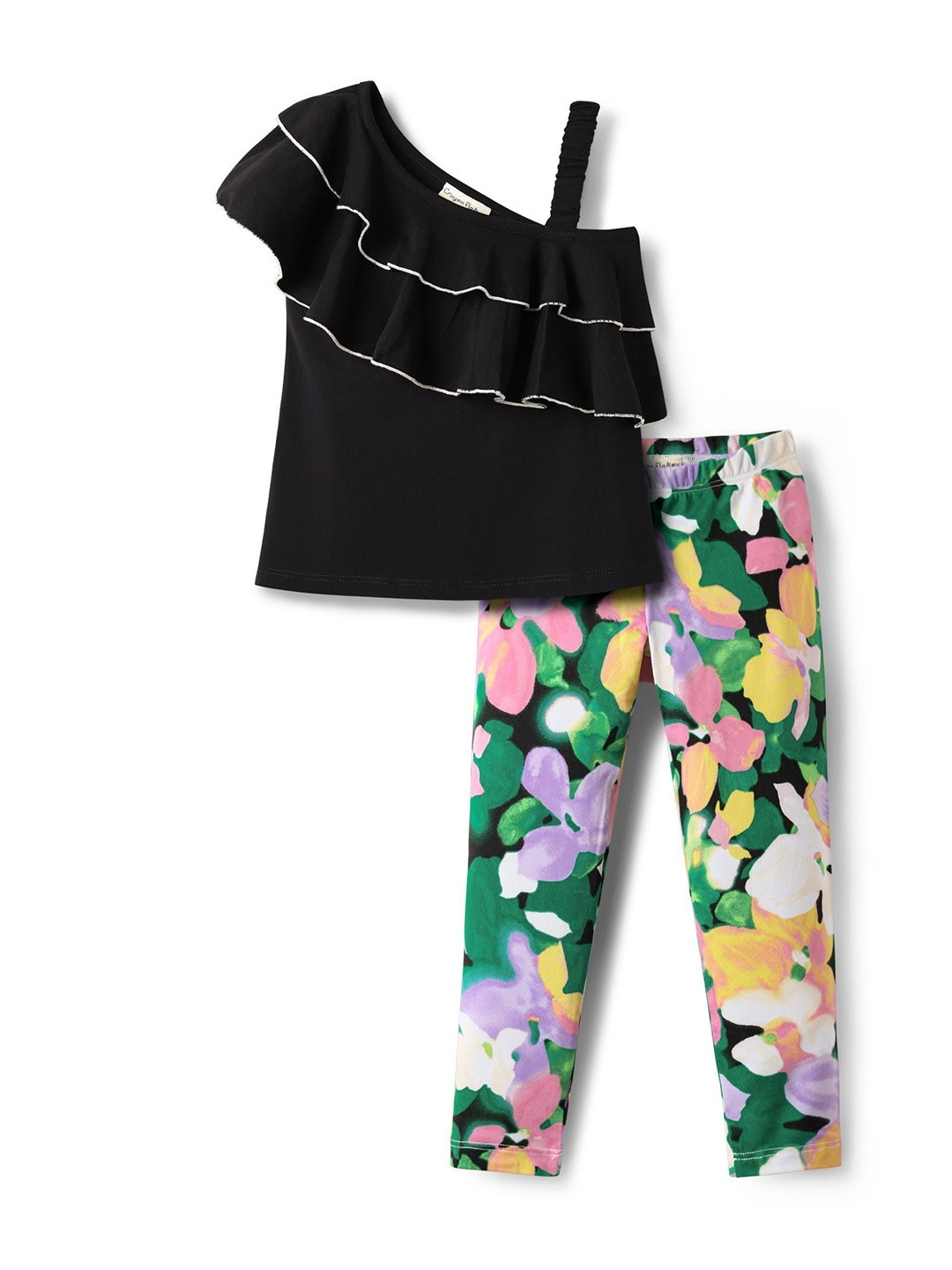 CrayonFlakes Girls One Shoulder Ruffles Top with Floral Printed Leggings