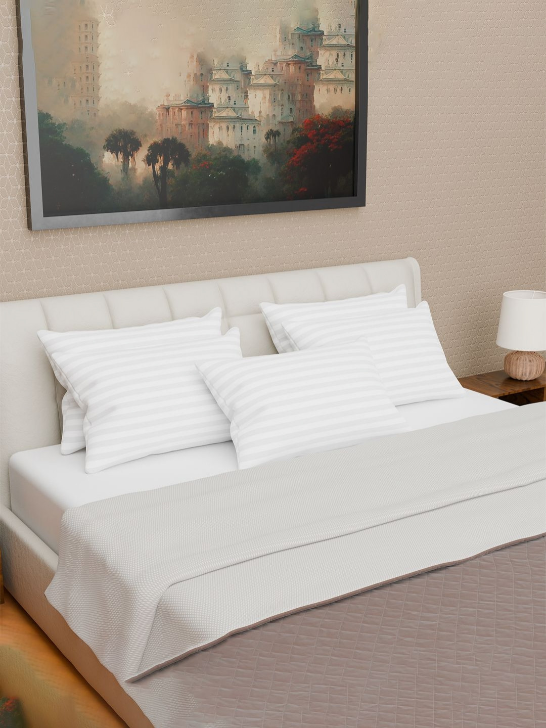 Aura White & Grey 5 Pieces Striped Microfiber Ultra Soft Sleep Pillows