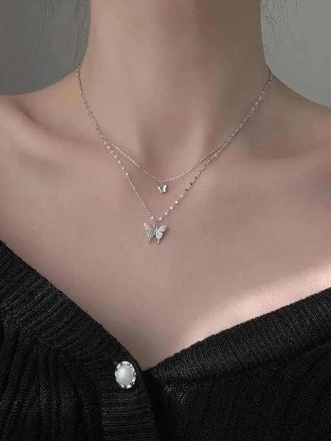 Adornity Alloy Silver-Plated Butterfly shape Necklace and Chains