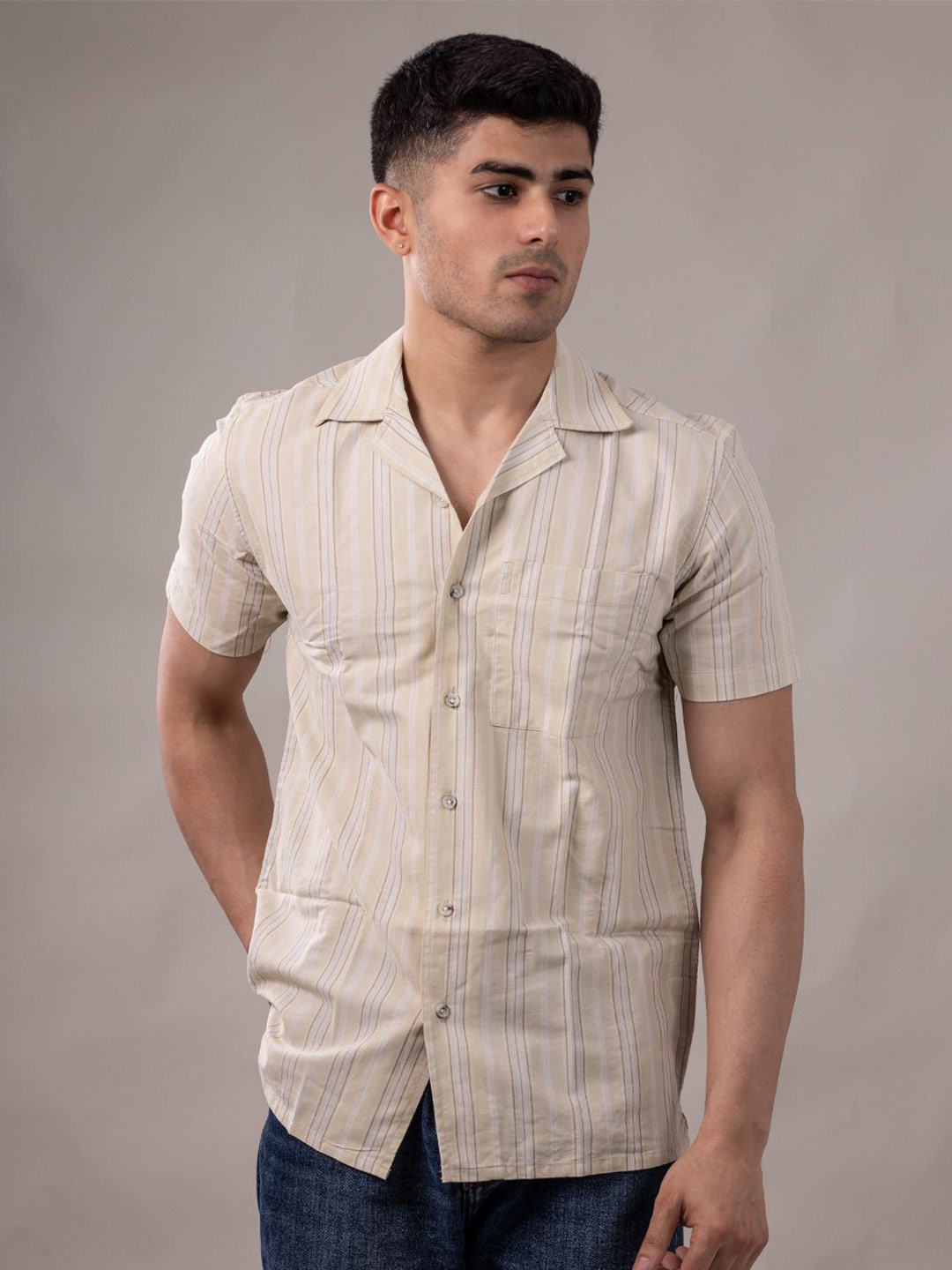 Suture Craft Men Slim Fit Striped Cotton Cuban Collar Casual Shirt