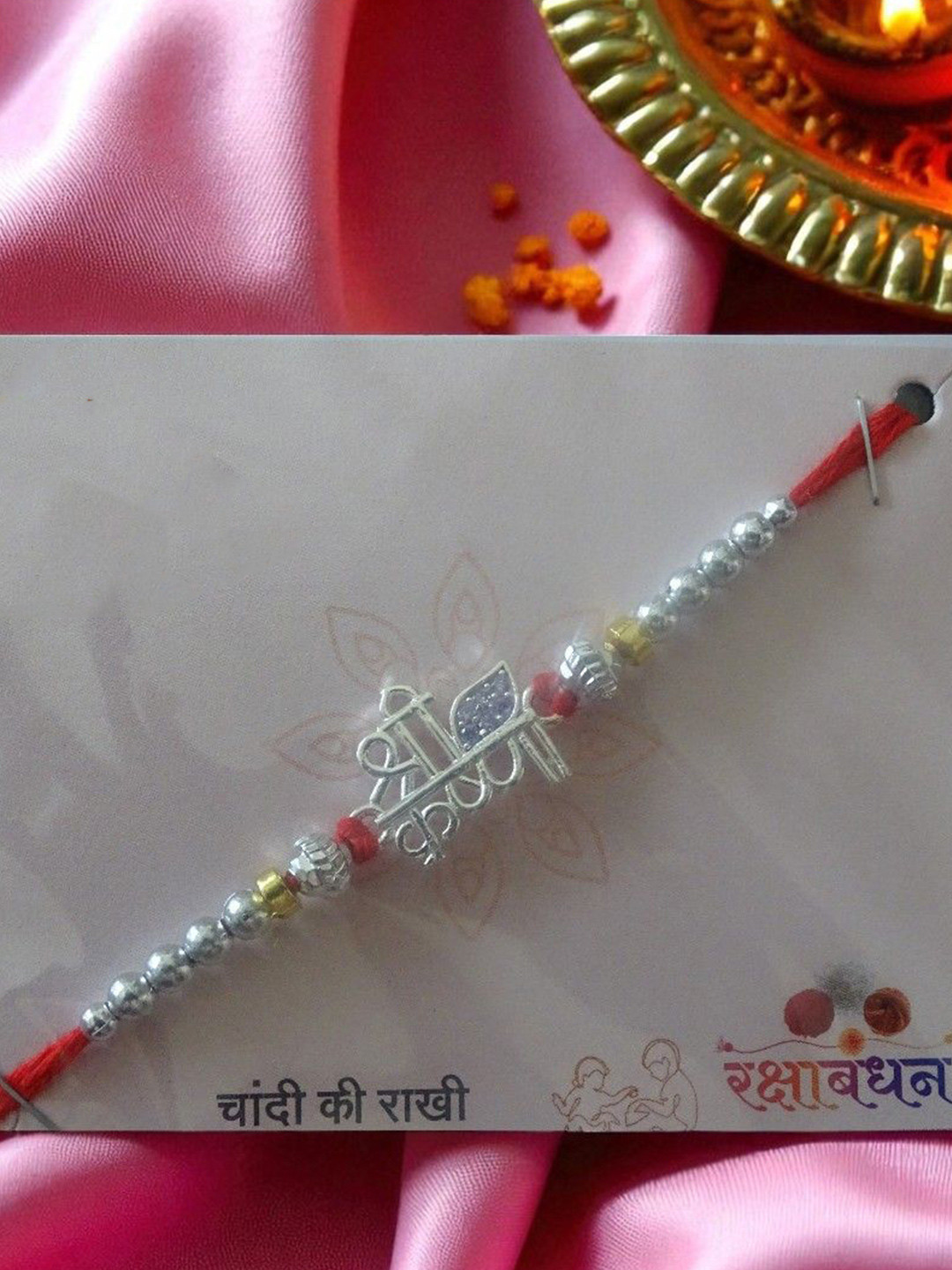 Aurum & You 925 Sterling Silver Stones Studded & Beaded Shri Krishana Thread Rakhi