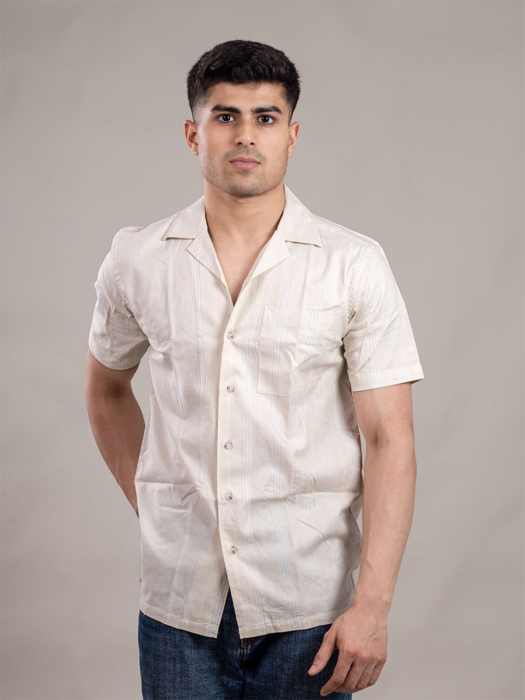 Suture Craft Slim Fit Pinstripes Printed Cotton Cuban Collar Casual Shirt