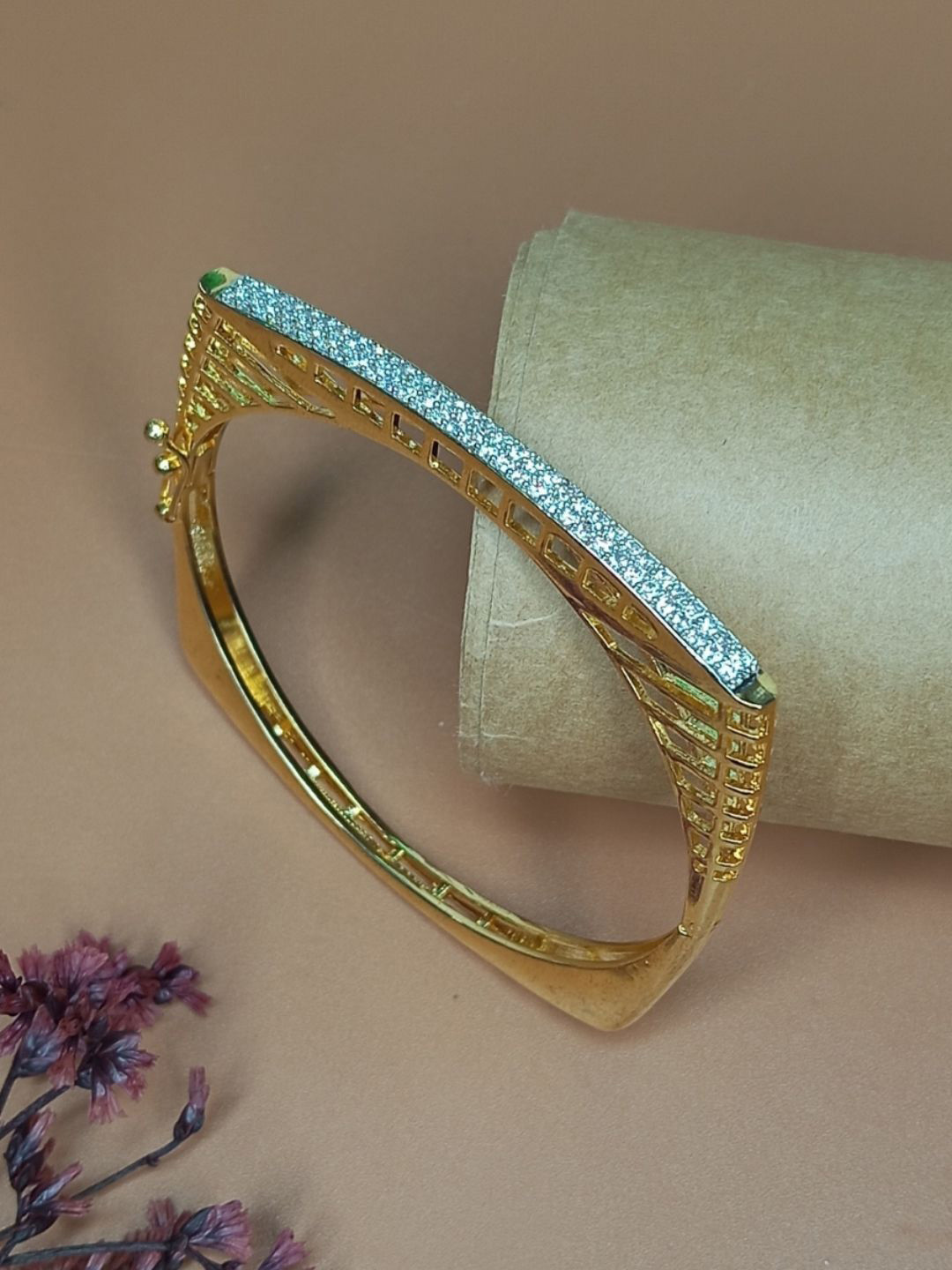 IKSAVA Gold-Plated American Diamond Studded Bangle-Style Bracelet
