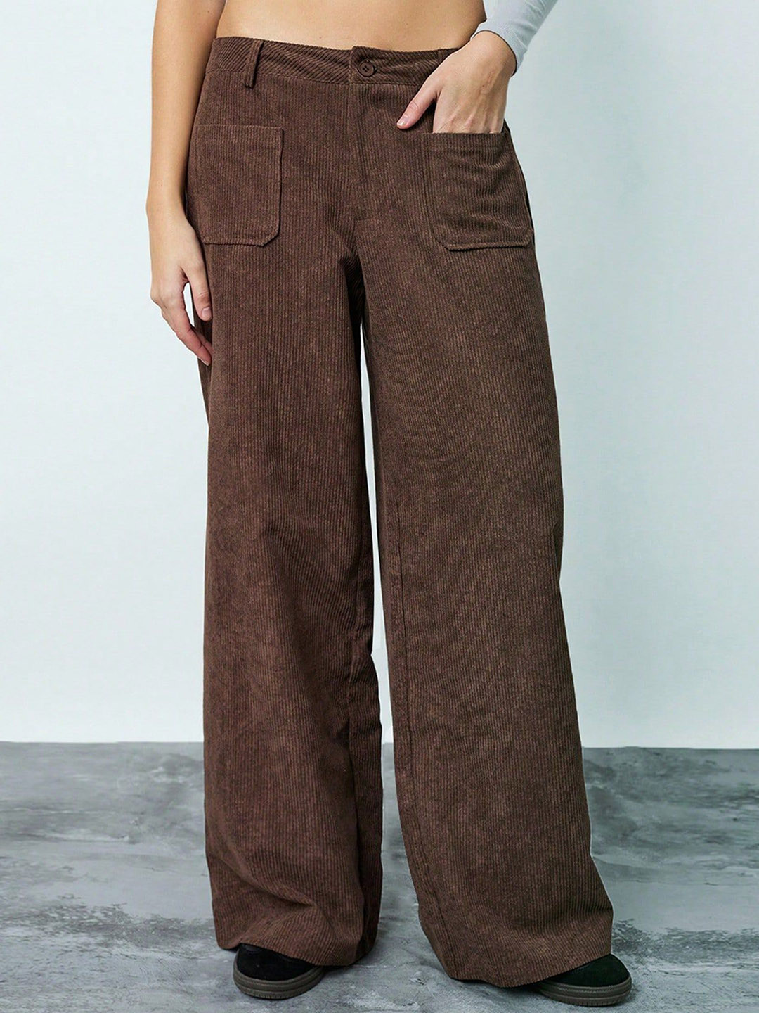 SAKHWALA Women Relaxed Straight Leg Mid-Rise Wide Leg Corduroy Trousers