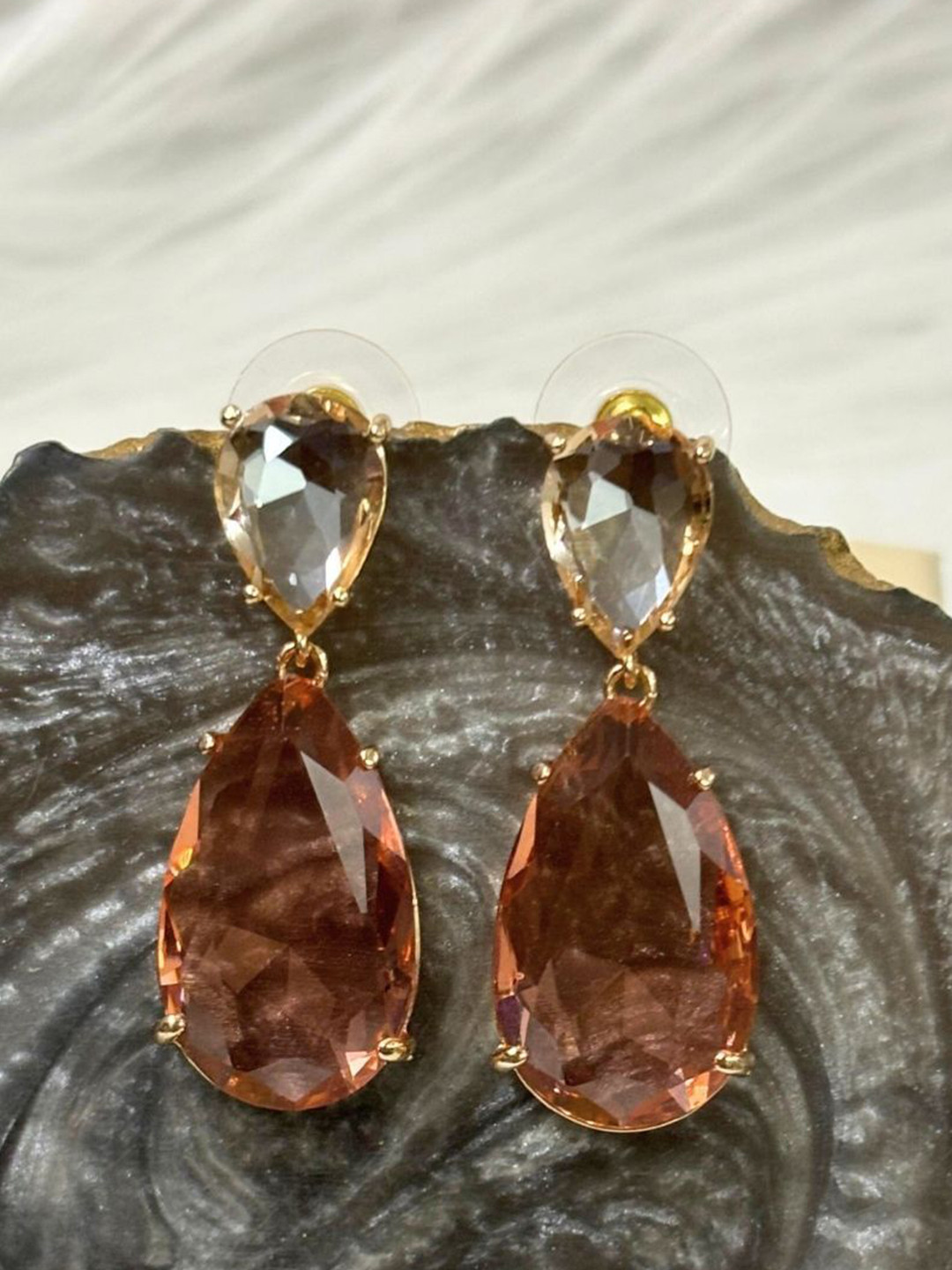 BDIVA Rhodium Plated Contemporary Champagne Gemstone Studded Drop Earrings