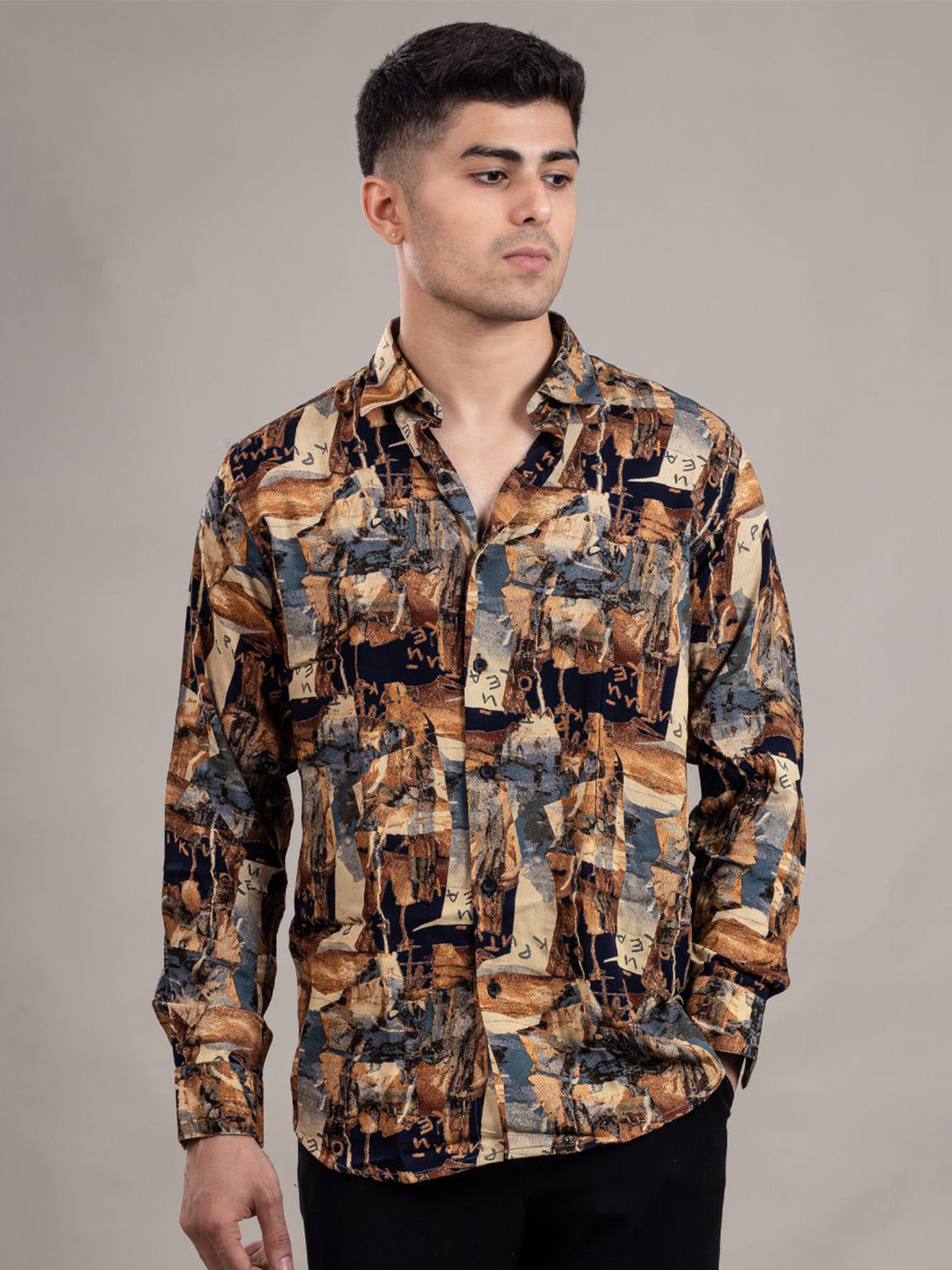 Suture Craft Relaxed 3D Tribal Brushstorm Printed Wrinkle Free Slim Fit Shirt