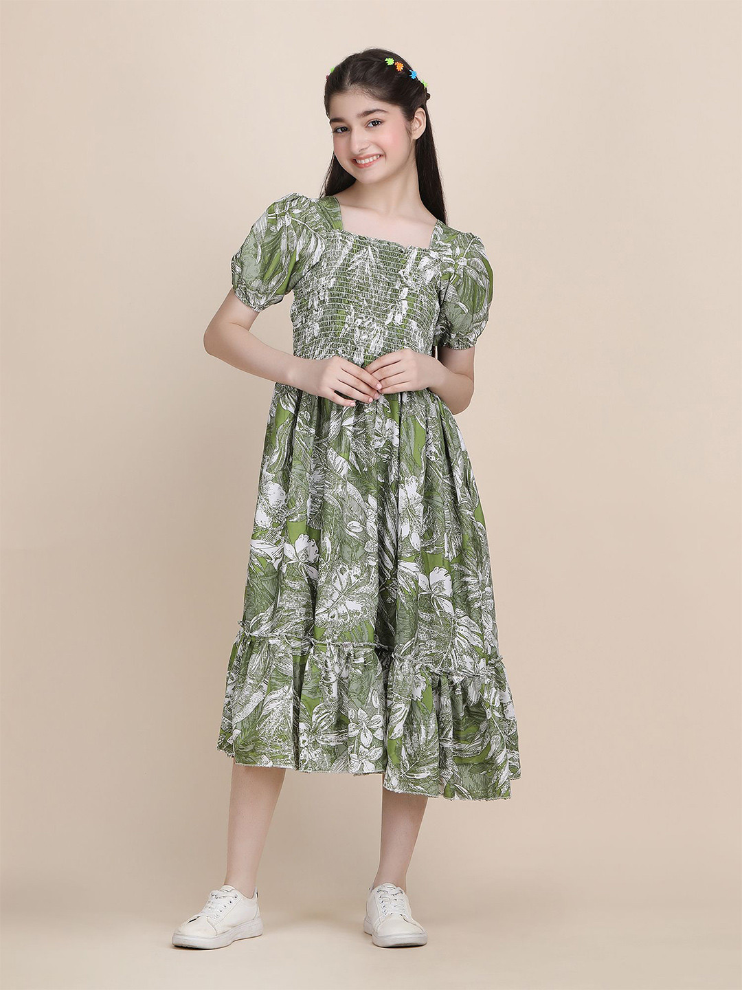 PTVIZE Girls Floral Print Puff Sleeve Fit and Flare Midi Dress