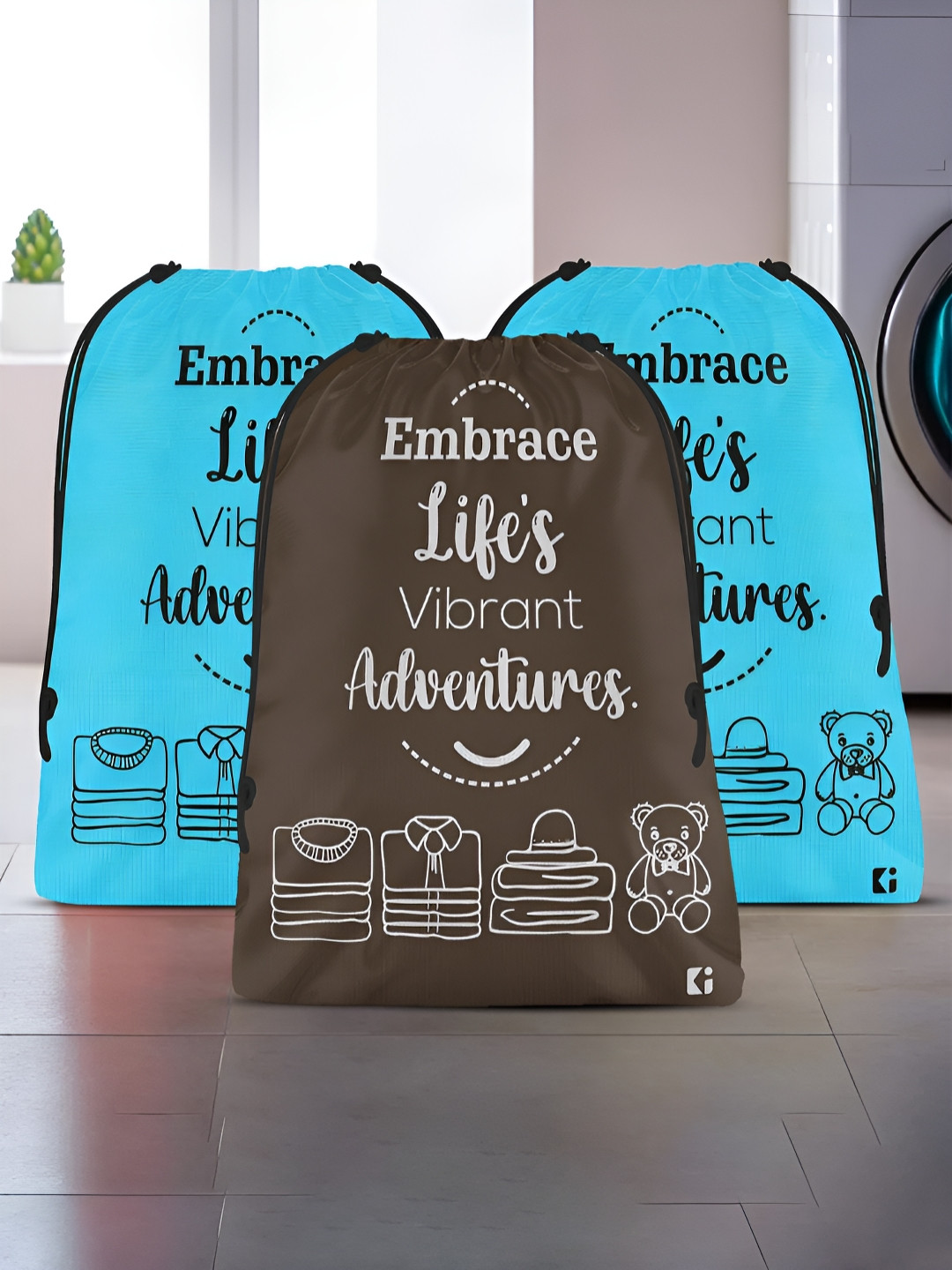 Aura Blue & Black 3 Pieces Printed Foldable Laundry Bags